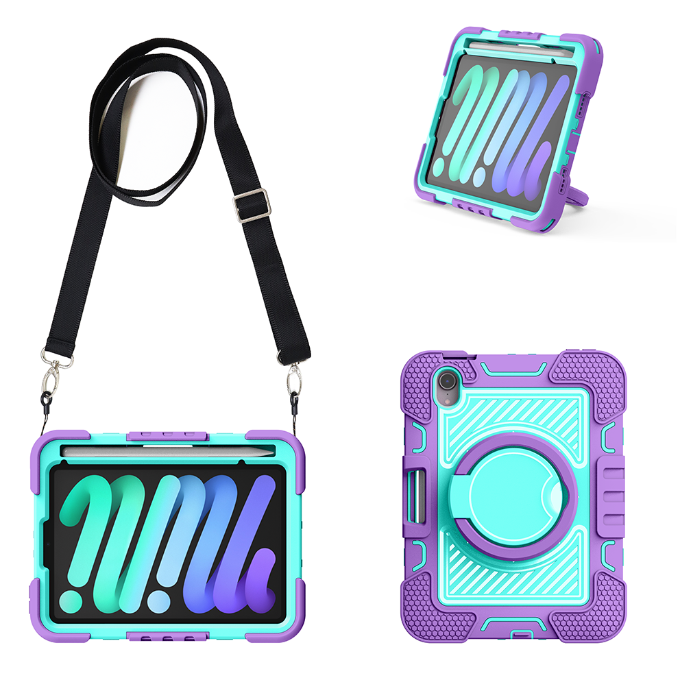 TOZIZO iPad Mini 7 Silicone Case with Rotating Kickstand - Purple & Mint Green