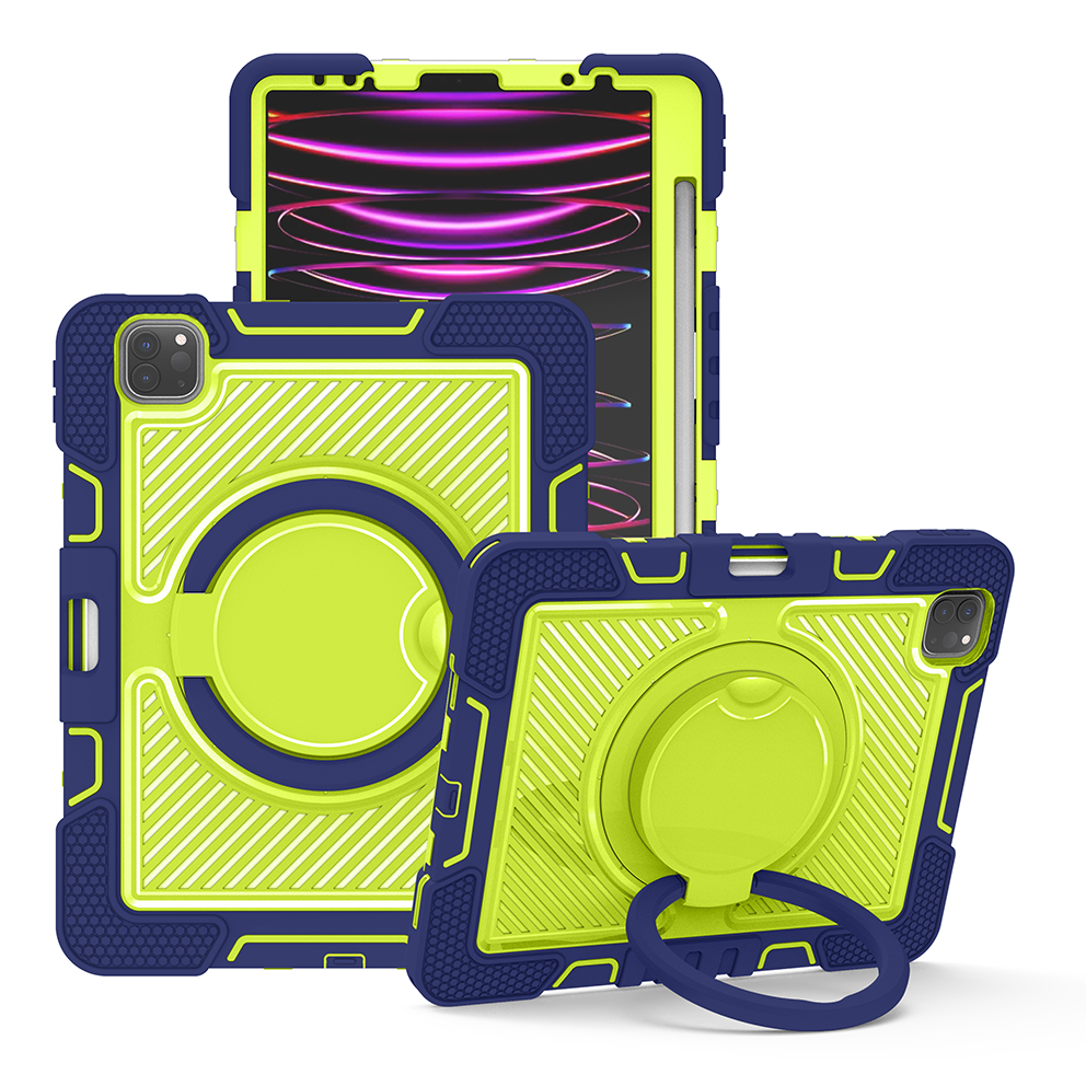 TOZIZO Heavy Duty Rugged iPad Pro 11 Case (2018-2022) - Navy Blue & Yellow-Green | Shockproof Silicone 3-Layer Cover with Kickstand