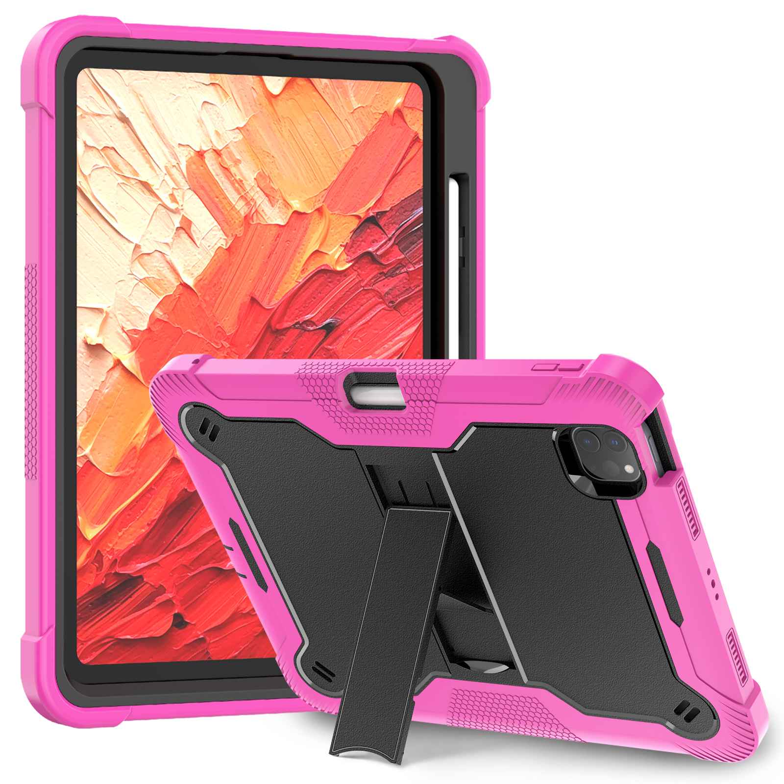 TOZIZO Rose Red Black iPad Pro 11 2024 Silicone Tablet Case with Stand Full Body Shockproof Rugged Cover