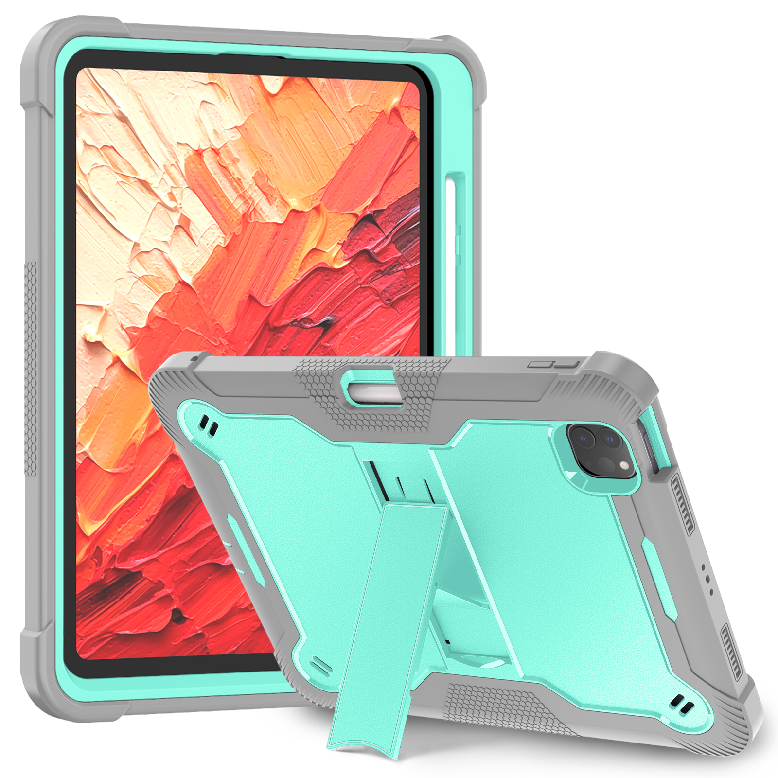 TOZIZO Mint Green Gray iPad Pro 11 2024 Heavy Duty Rugged Tablet Case with Kickstand Shockproof Full Body Protective Cover