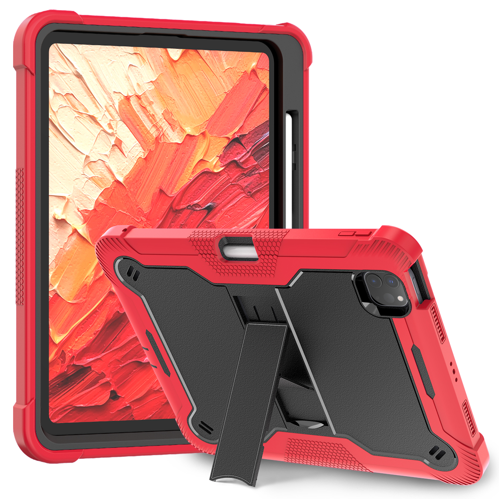 TOZIZO Red Black Rugged iPad Pro 11 2024 Tablet Case Shockproof 3 Layer Heavy Duty Protective Case with Kickstand