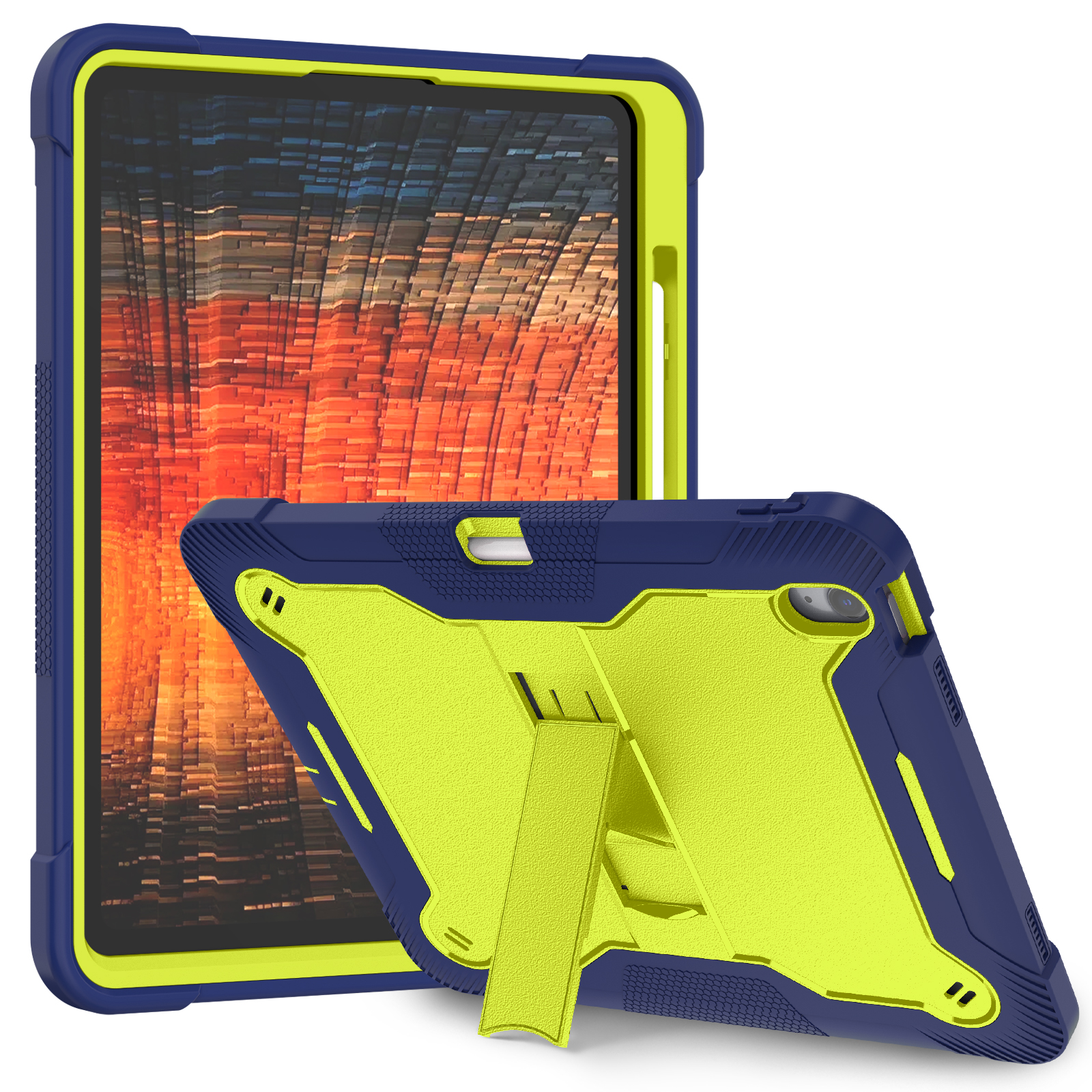 TOZIZO Full Body Shockproof Tablet Case for iPad Air 13 M5 2025 – Rugged Kids Education Stand Cover (Yellow‑Green + Navy Blue)