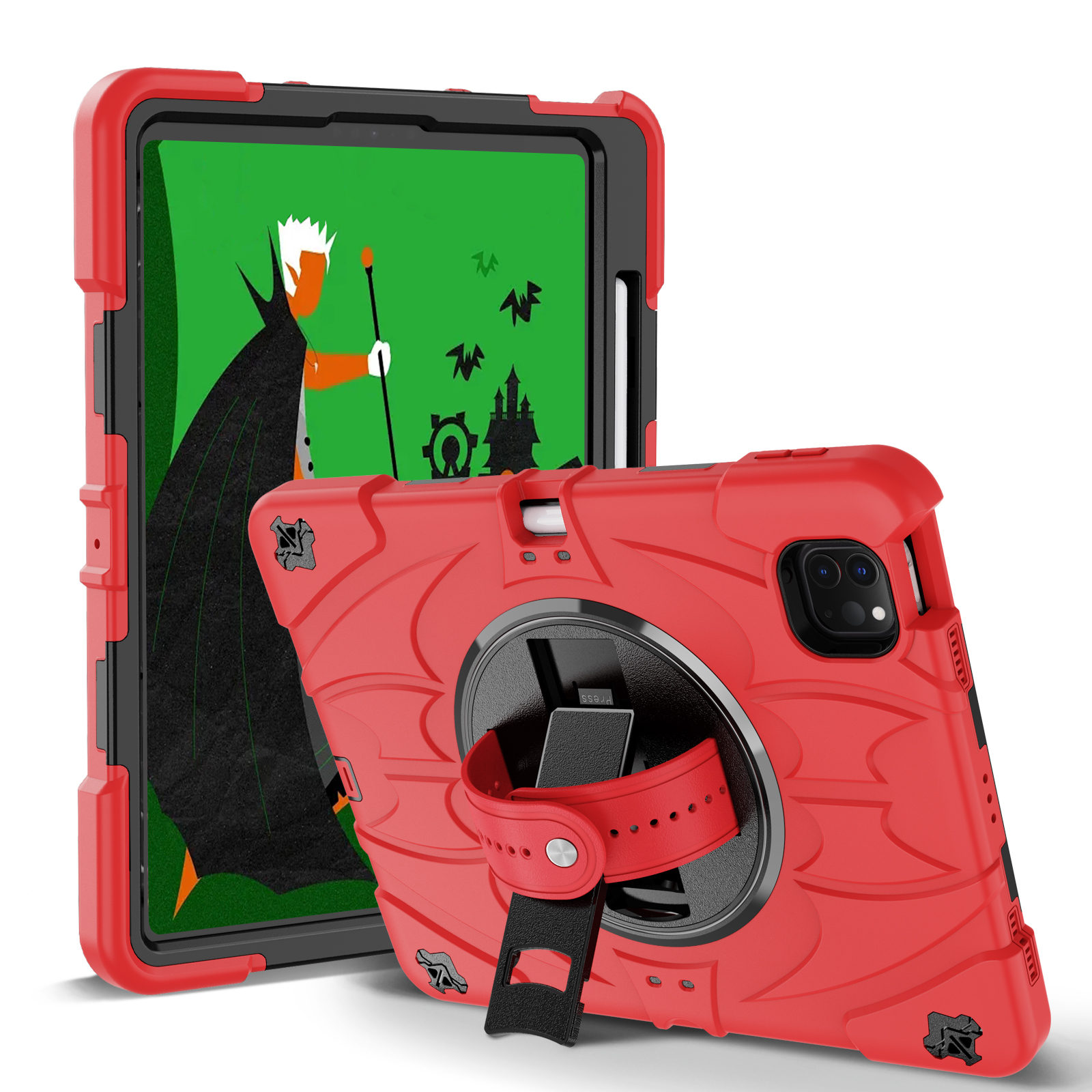 360° Rotating iPad Case for iPad Air 4th Gen (2020), iPad Air 5th Gen (2022), iPad Pro 11 (2018-2022) – Red, Shockproof, Built-in Kickstand, Hand Strap & Apple Pencil Slot