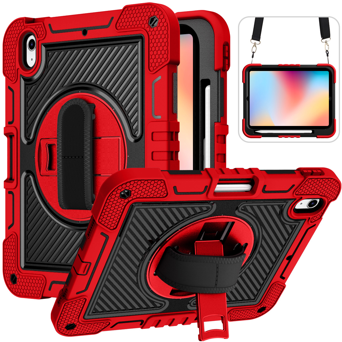 TOZIZO Industrial Worksite Case for iPad 11th Gen A16 2025, Rugged 360 Rotating Shockproof Cover with Adjustable Hand & Shoulder Straps - Red