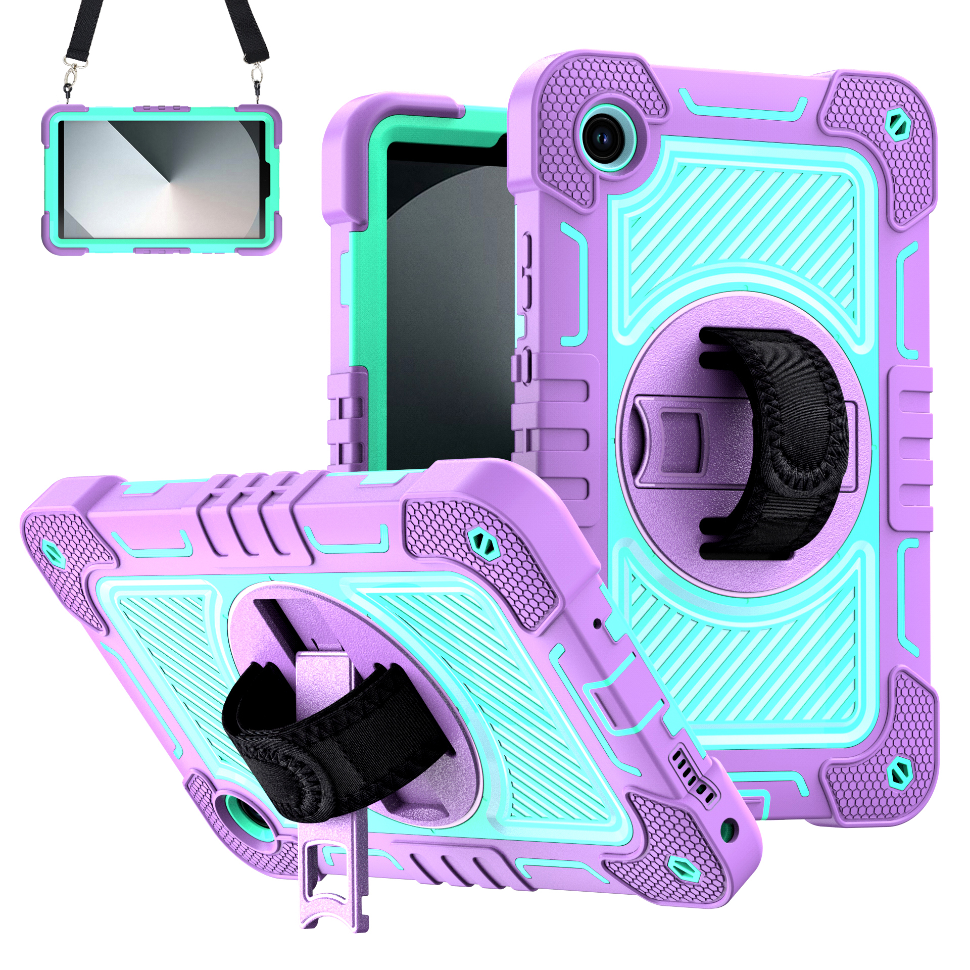 TOZIZO Purple Mint Lenovo Tab K9 Heavy Duty Case | 360° Rotating Stand, Hand Strap & Wide Carry Strap for Field and Travel