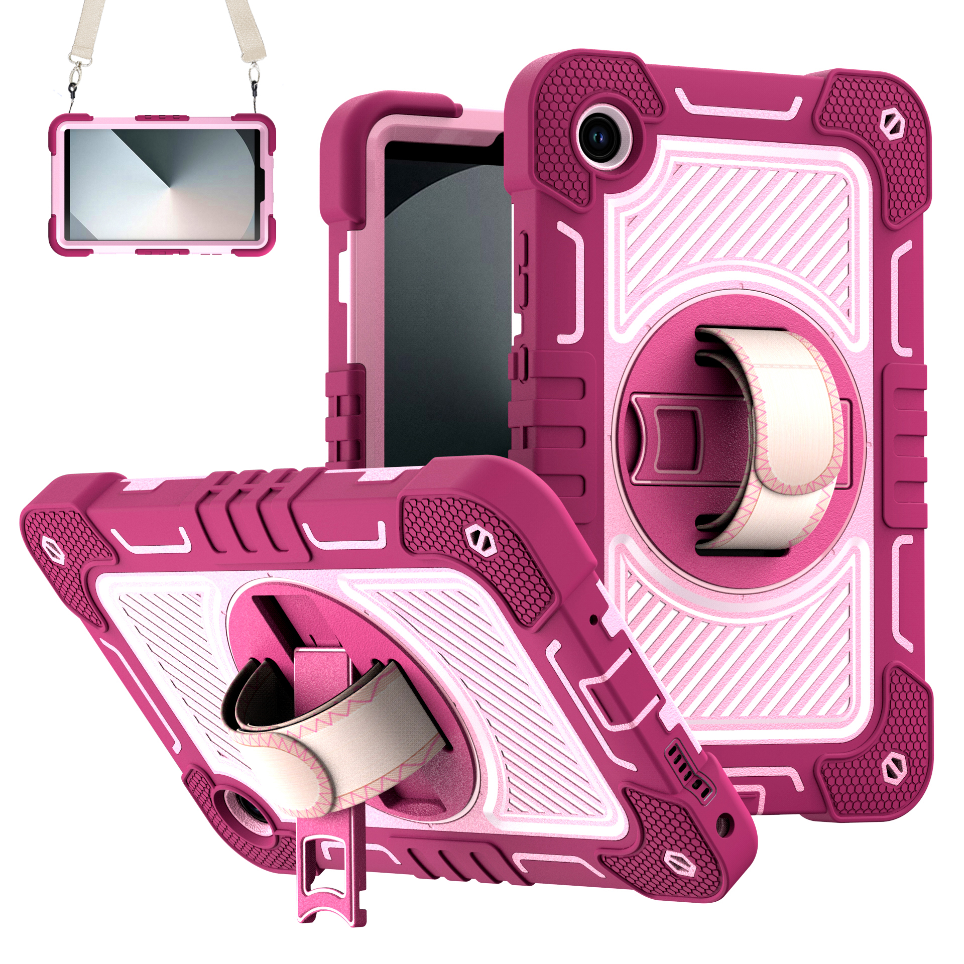 TOZIZO Rose Red Lenovo Tab K9 Rotating Stand Case | Anti-Drop Hand Strap & Adjustable Shoulder Carry Cover for Ecommerce Wholesale