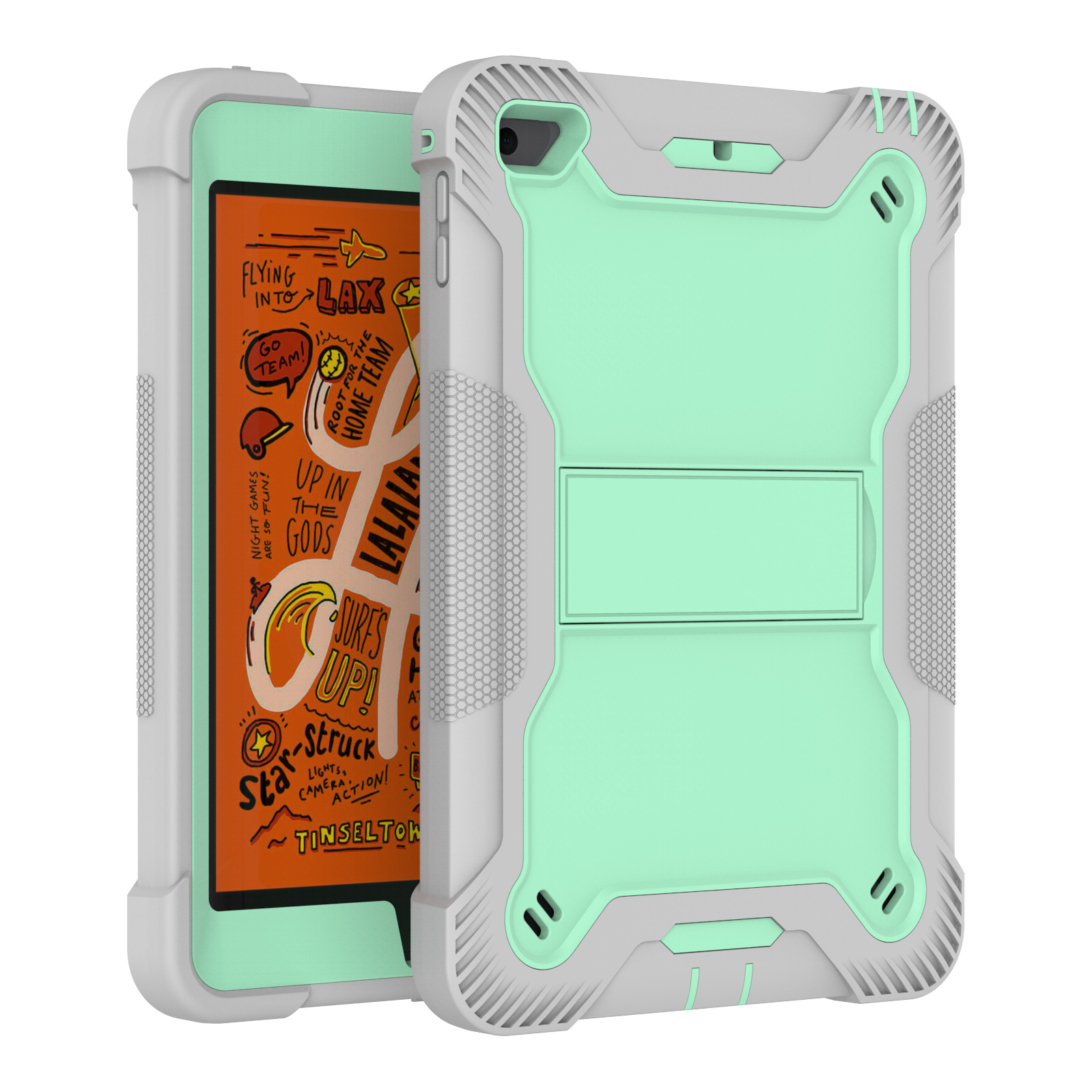 TOZIZO Grey Mint Education Rugged Case for iPad mini 4 / for iPad mini 5, Anti-Slip 3-Layer Protective Stand Cover | School Bulk