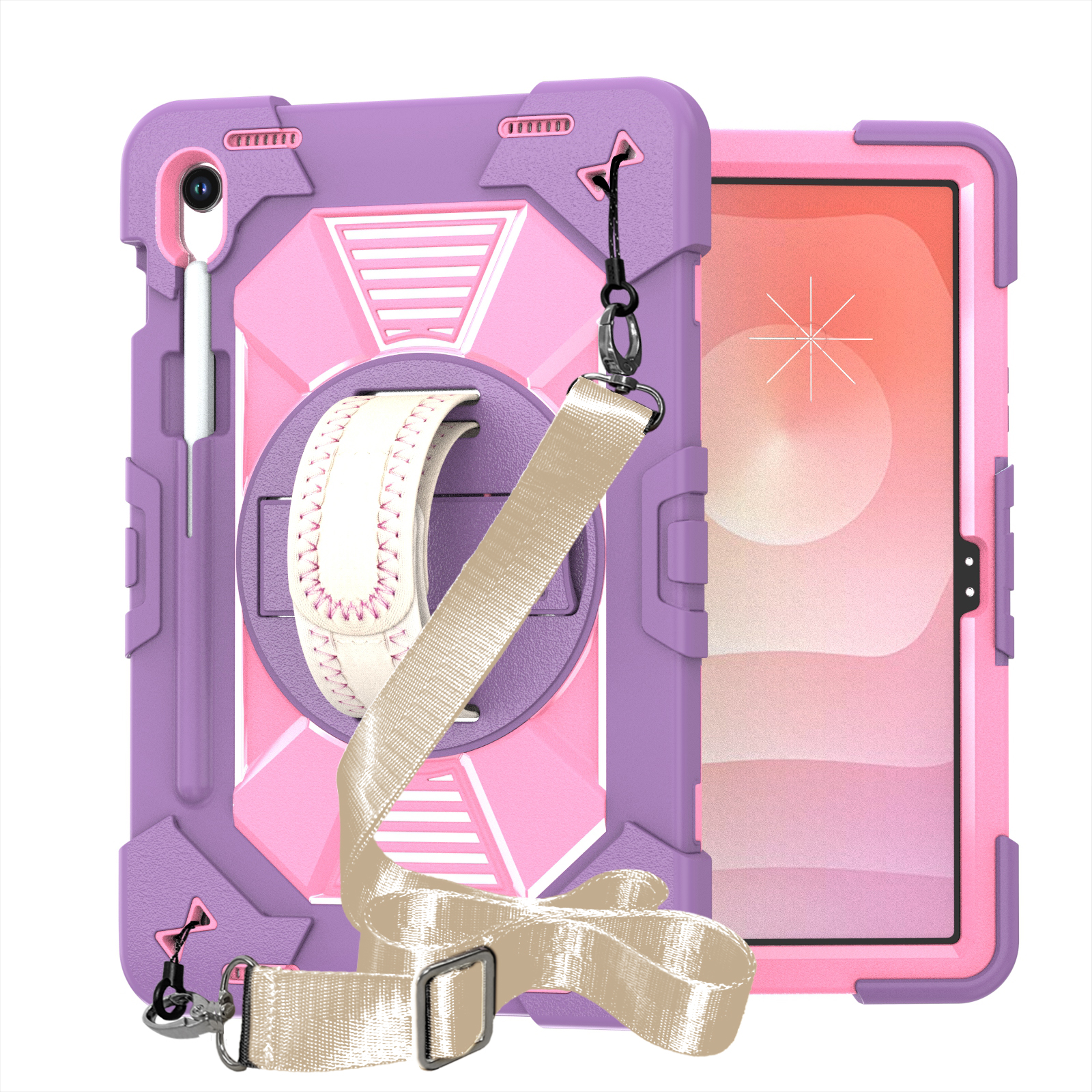 TOZIZO Pink&Purple Heavy Duty Samsung Galaxy Tab Case with 360 Rotating Stand & Adjustable Shoulder Strap