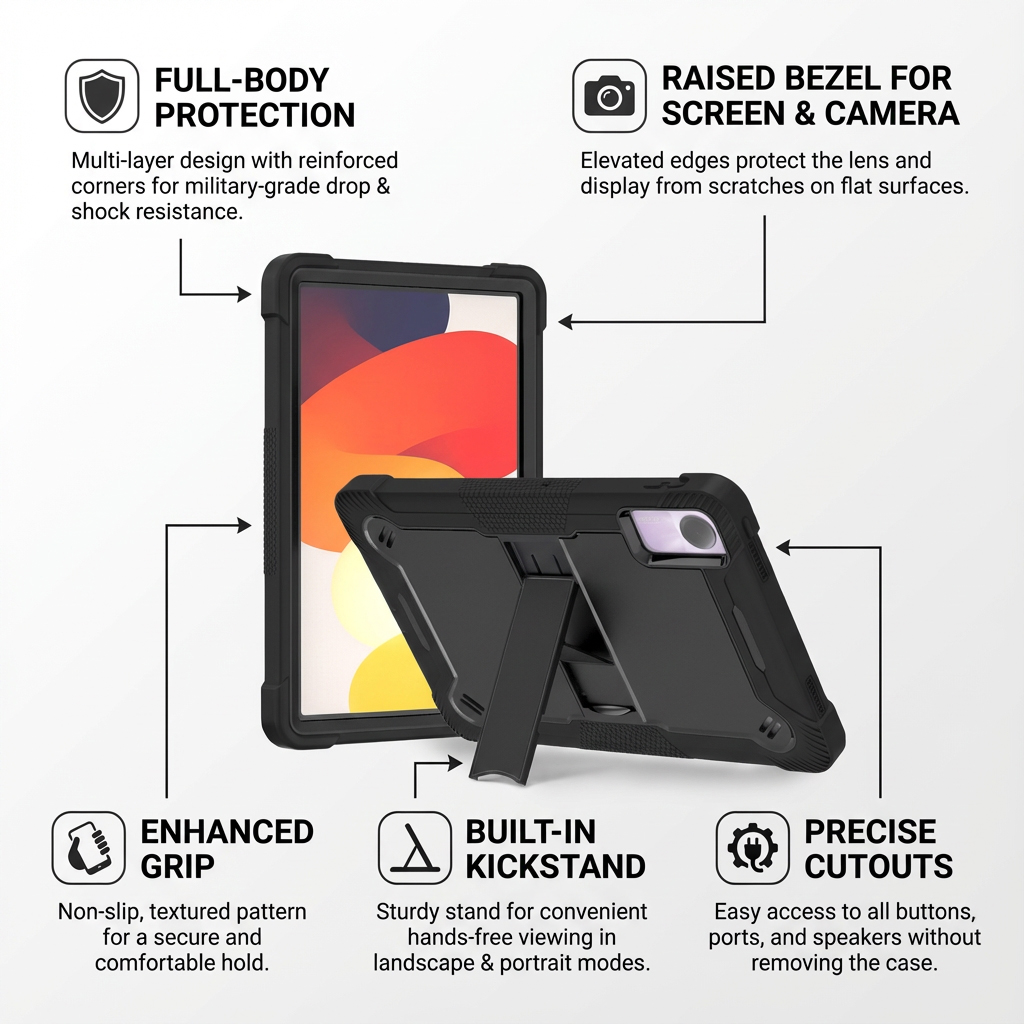 TOZIZO Rugged Armor Tablet Case for Redmi Pad SE 11'' 2023 – Heavy Duty Shockproof Stand Cover (Black)