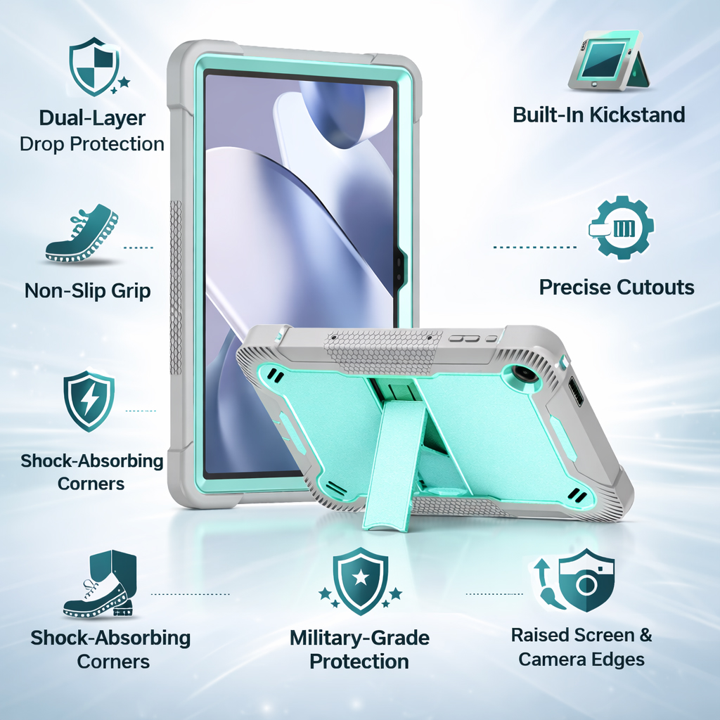 TOZIZO Mint Green + Gray Shockproof Tablet Case for T-Mobile Revvl Tab 2 5G / T Tab 2 10.1 Inch, Silicone Kids Education Tablet Case with Kickstand, 3 Layers Heavy Duty Rugged Tablet Cover
