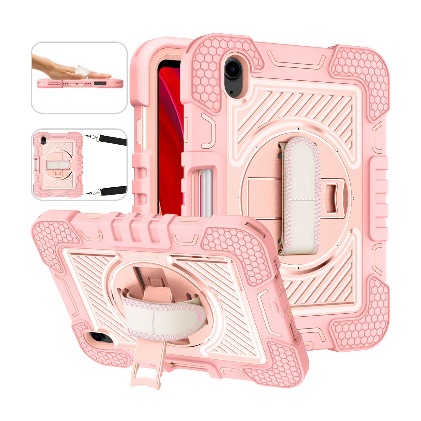 TOZIZO Pink Shockproof Case for iPad Mini 7 – Rugged 3-Layer Cover with Kickstand & Strap