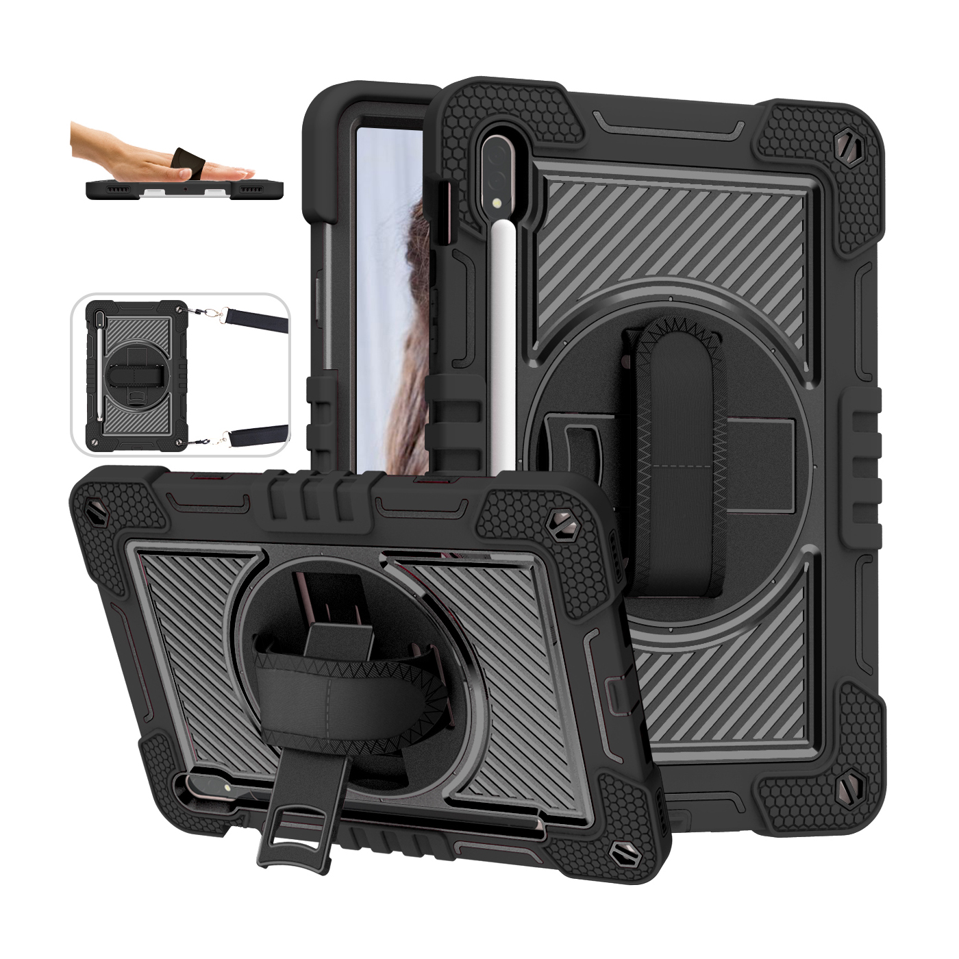 TOZIZO Black Heavy Duty Tablet Case for Samsung Galaxy Tab S8 with Strap & Kickstand