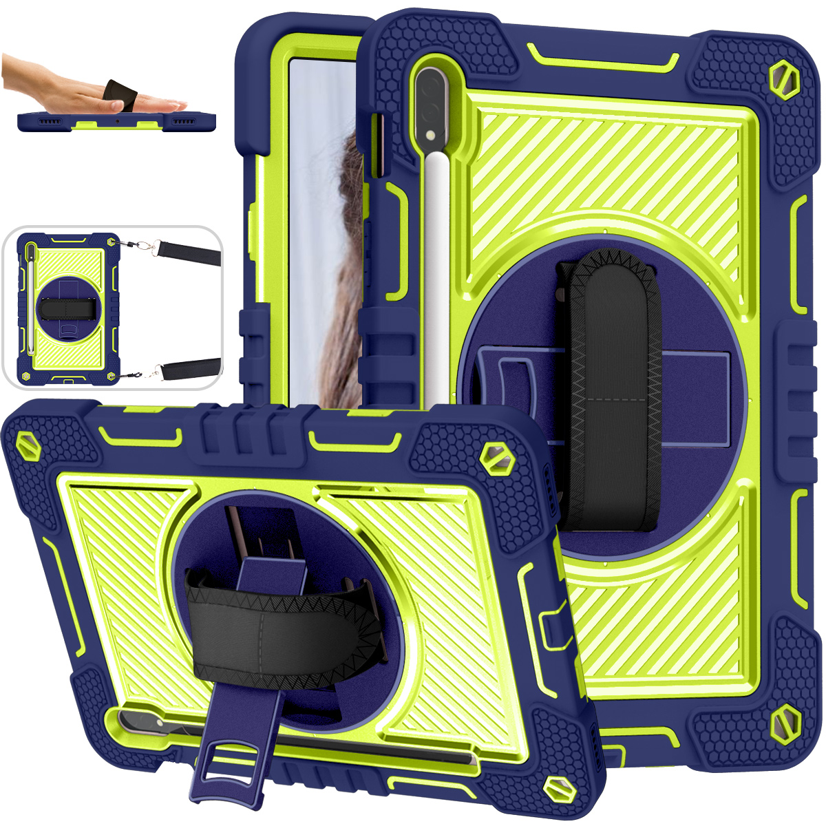 TOZIZO Heavy Duty Shockproof Samsung Tab S8 Tablet Case with Kickstand & Shoulder Strap - Navy Blue + Yellow Green