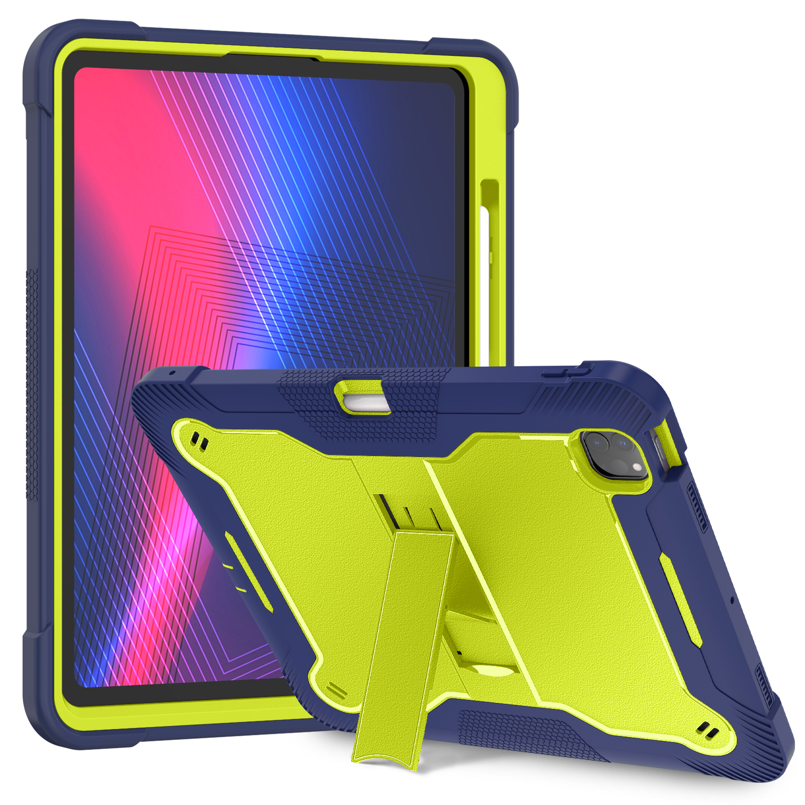 TOZIZO Kids Shockproof iPad Pro 13 Case with Kickstand (Yellow Green + Navy Blue)