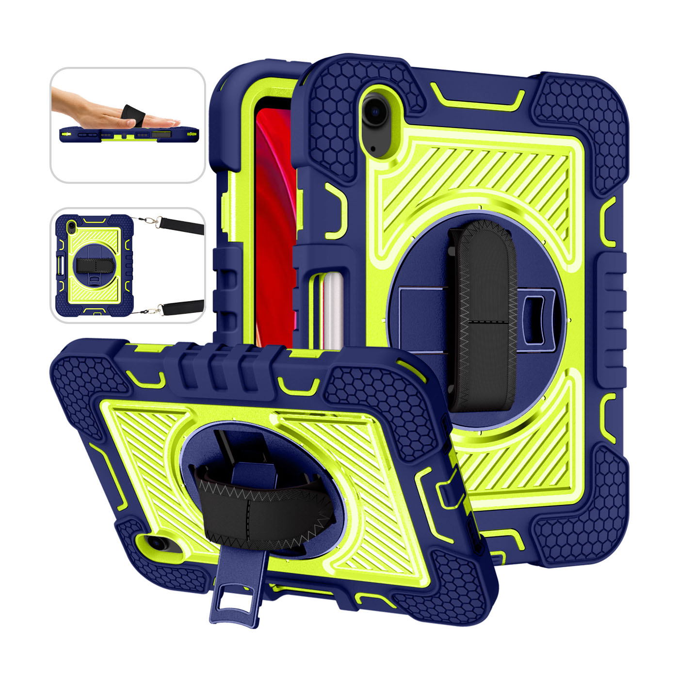TOZIZO iPad Mini 7 Rugged Case with 360° Kickstand – Navy Blue & Yellow Green Heavy Duty Cover