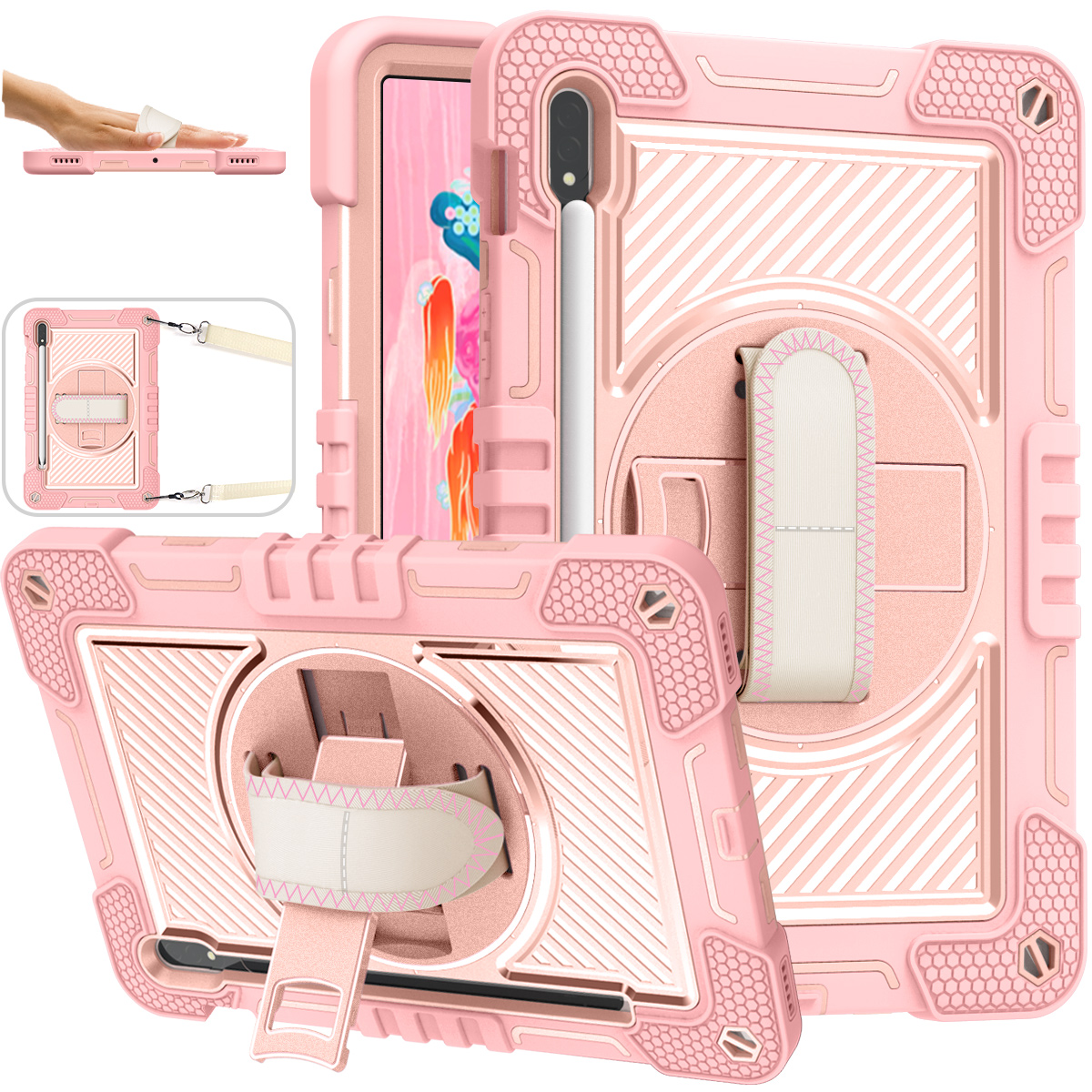 TOZIZO Shockproof Kids Tablet Case for Samsung Tab S8 with Strap & Kickstand - Pink
