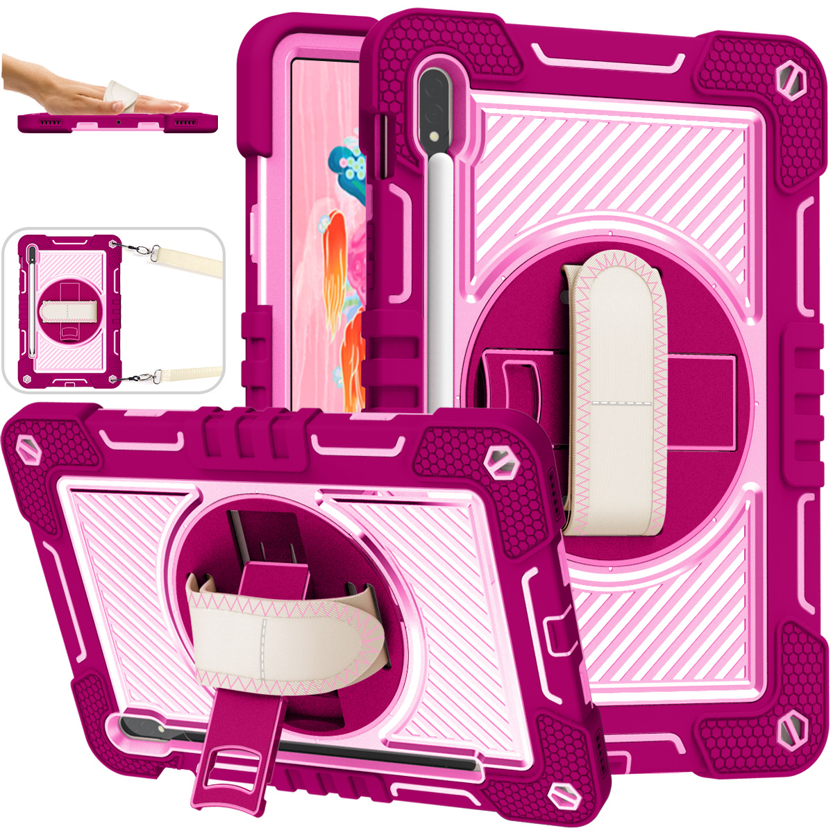 TOZIZO 360° Kickstand Rugged Tablet Case for Samsung Tab S8 - Rose Red + Pink