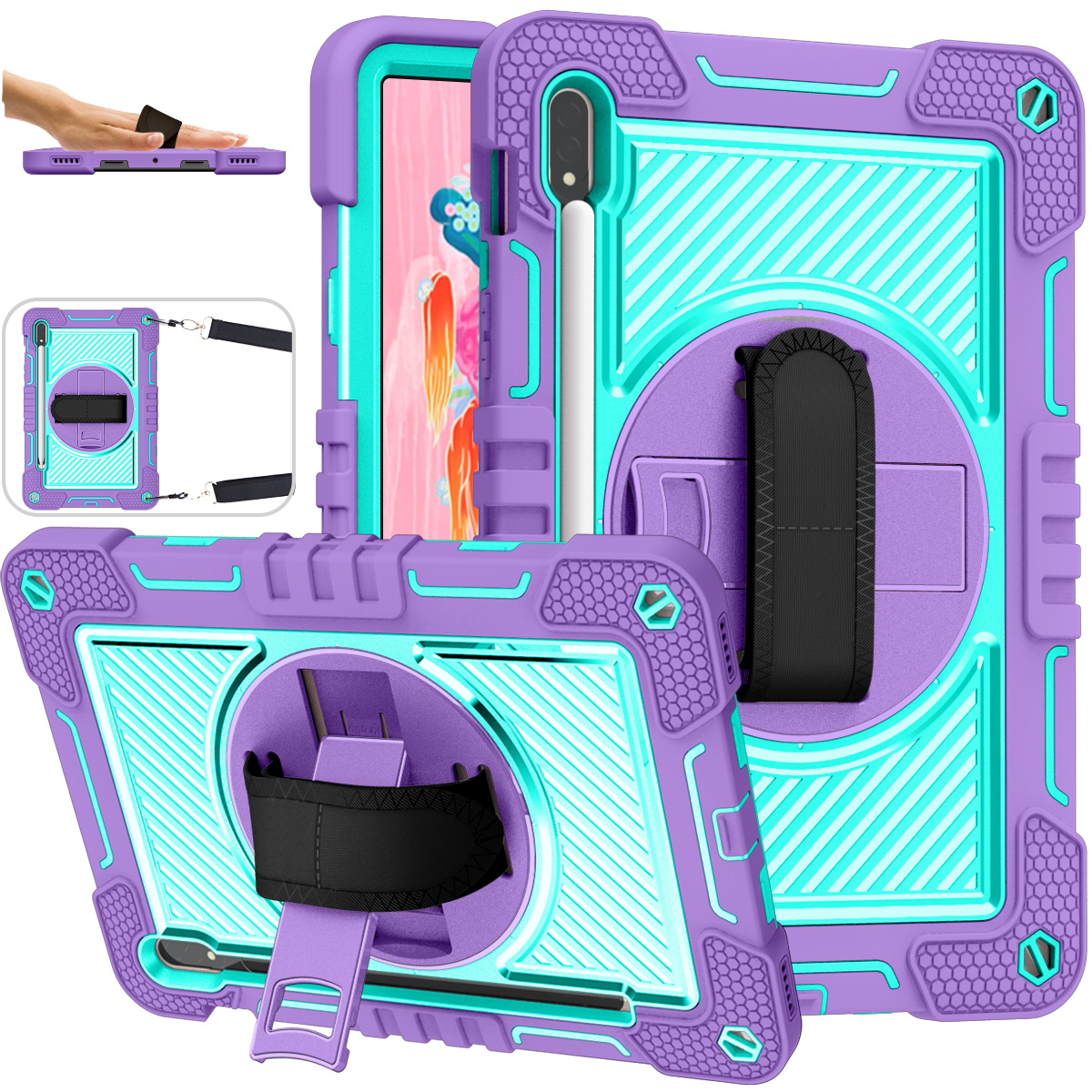 TOZIZO Full Body Protective Samsung Tab S8 Case with Kickstand & Strap - Purple + Mint Green
