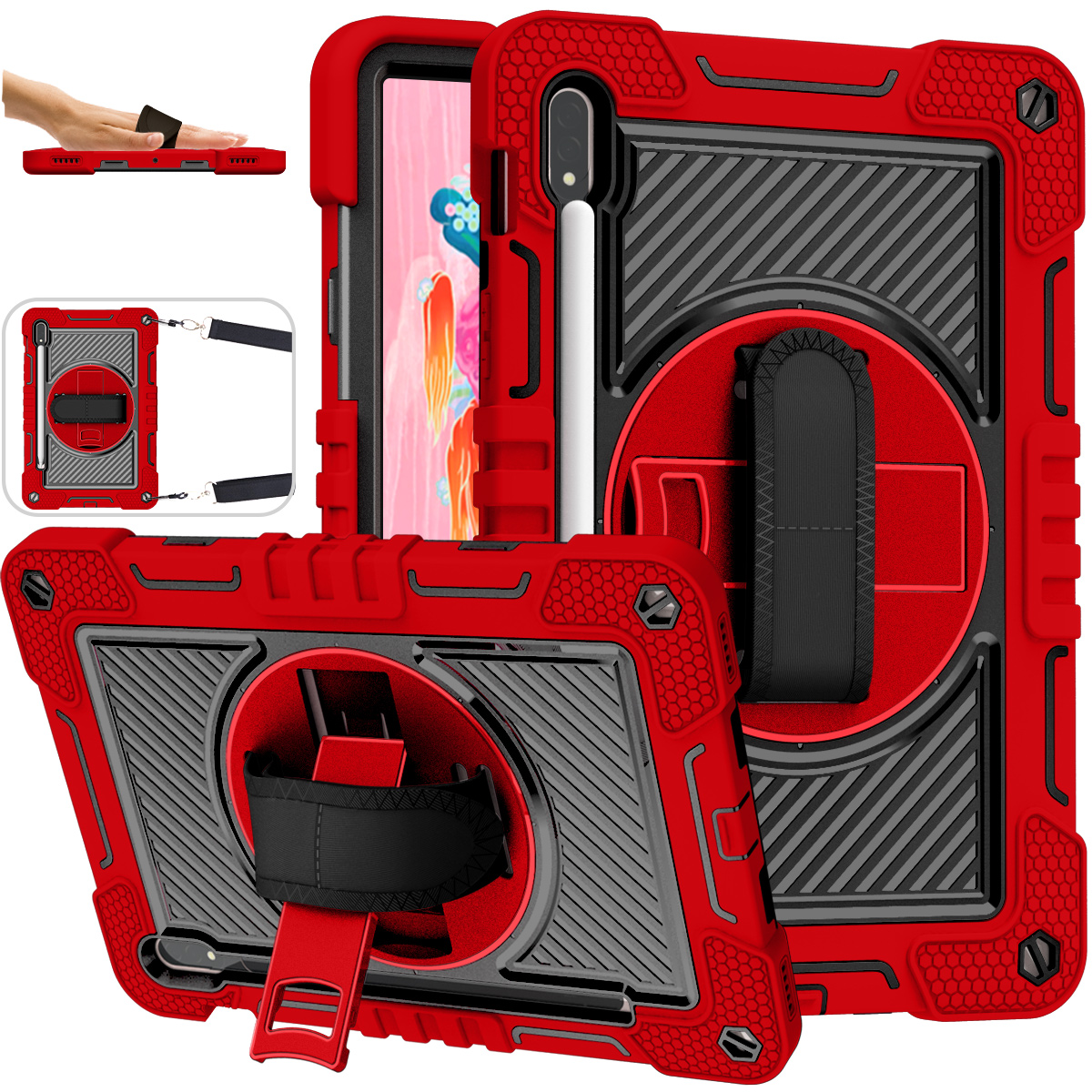 TOZIZO Rugged Shockproof Tablet Case for Samsung Tab S8 with Kickstand & Strap - Red + Black