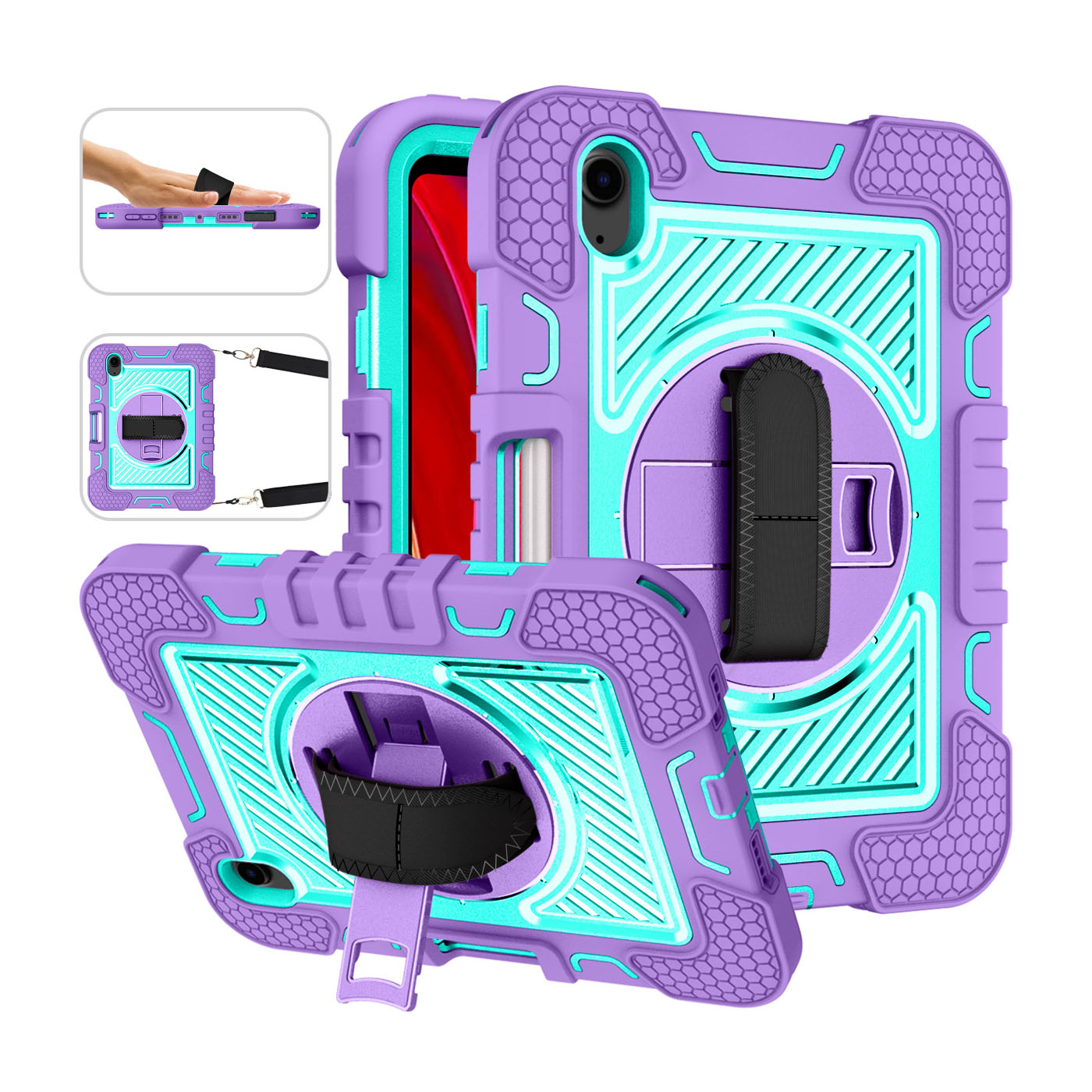 TOZIZO Purple & Mint Green Rugged iPad Mini 7 Case – 360° Stand & Strap | Shockproof Tablet Cover