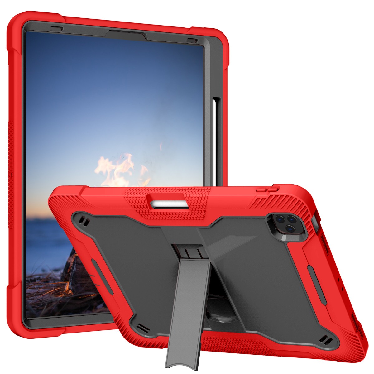 TOZIZO Red Black Rugged iPad Pro 12.9 Case Shockproof Heavy Duty Tablet Case with Stand and Pencil Holder