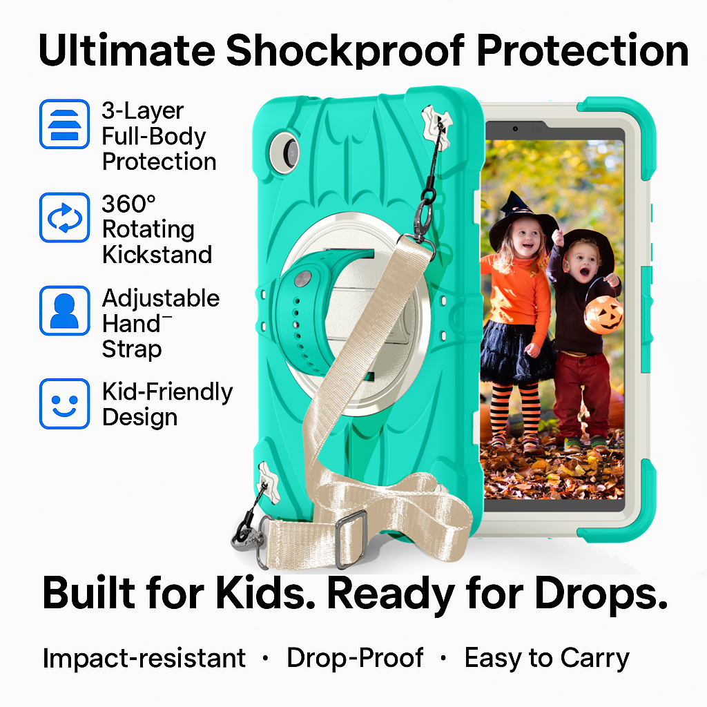 TOZIZO Kid-Proof 3-Layer Shockproof Tablet Case with 360° Rotating Kickstand & Strap – Rugged Full-Body Tablet Cover for Children