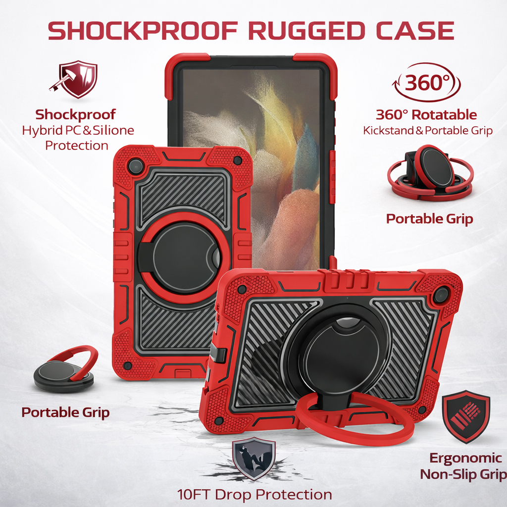 TOZIZO Heavy Duty Samsung Tab A9/A11 Case Red Black - Rugged 360° Rotating Stand Tablet Cover