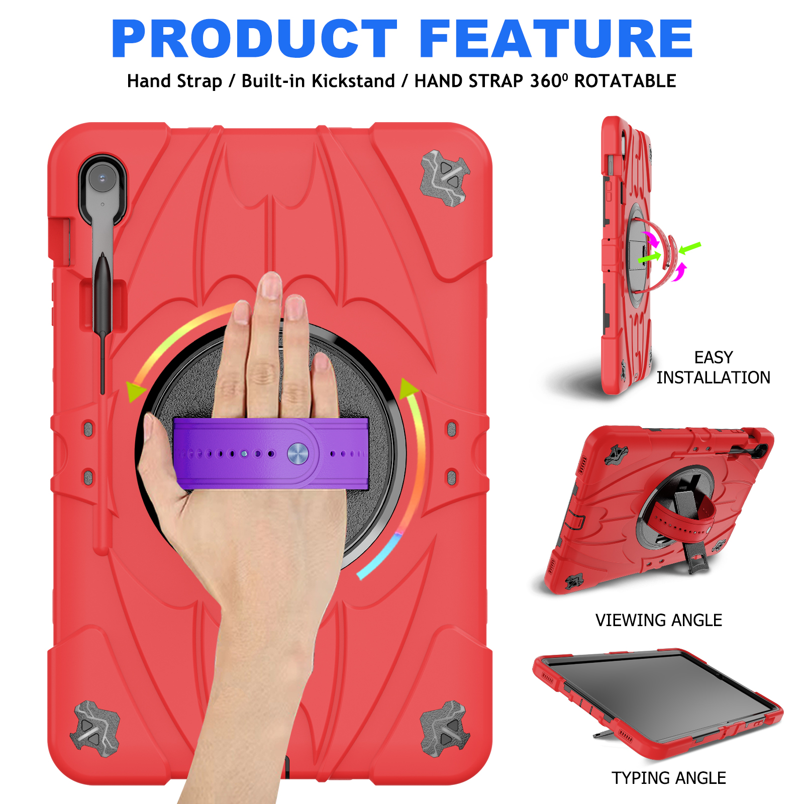 TOZIZO Red Survivor Series Rugged Tablet Case for Samsung Tab S10 FE Plus – 360° Stand + Shoulder Strap
