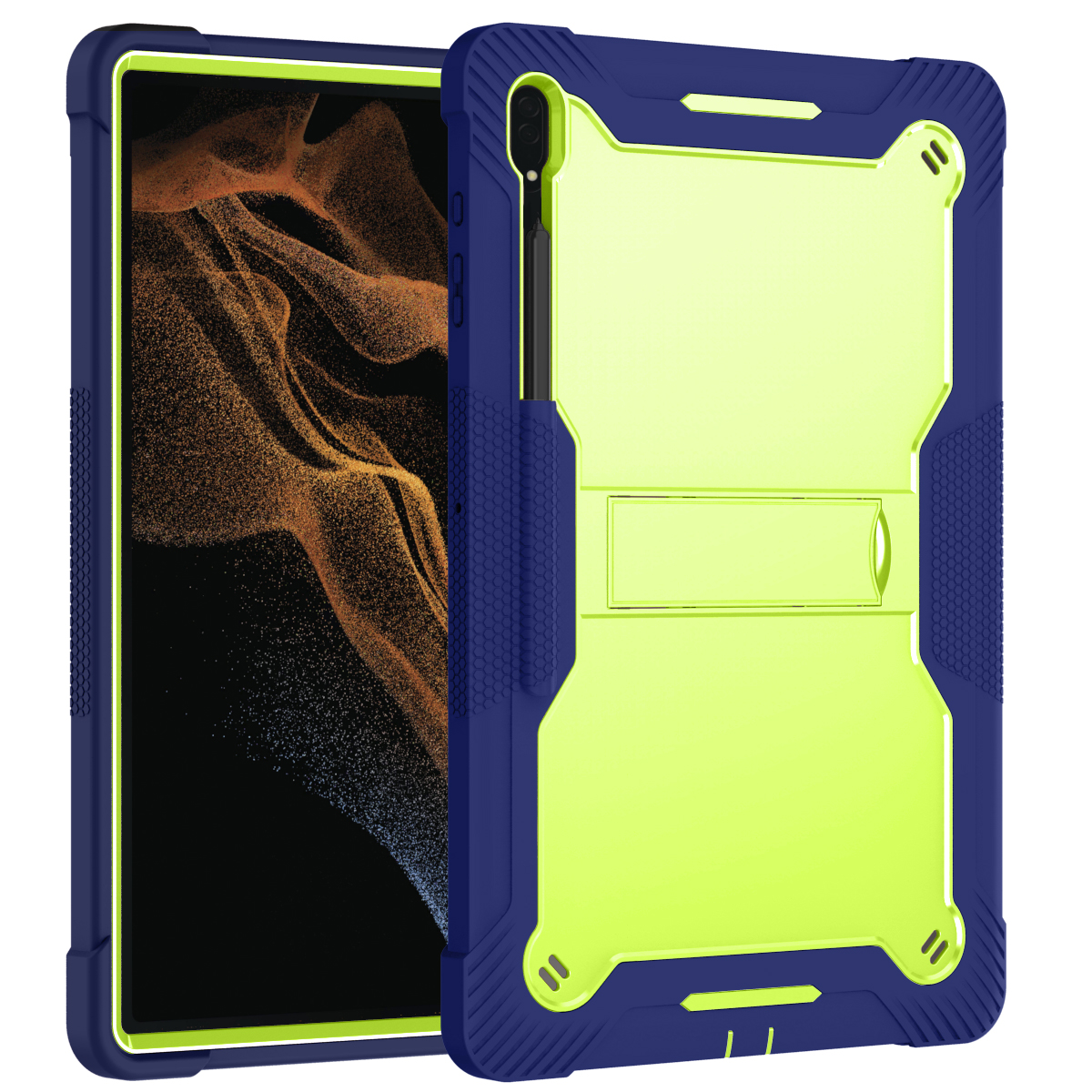 TOZIZO Rugged Drop-Proof Kickstand Case for Galaxy Tab S8/S9/S10/S11 Ultra – Neon Yellow Armor Tablet Shell