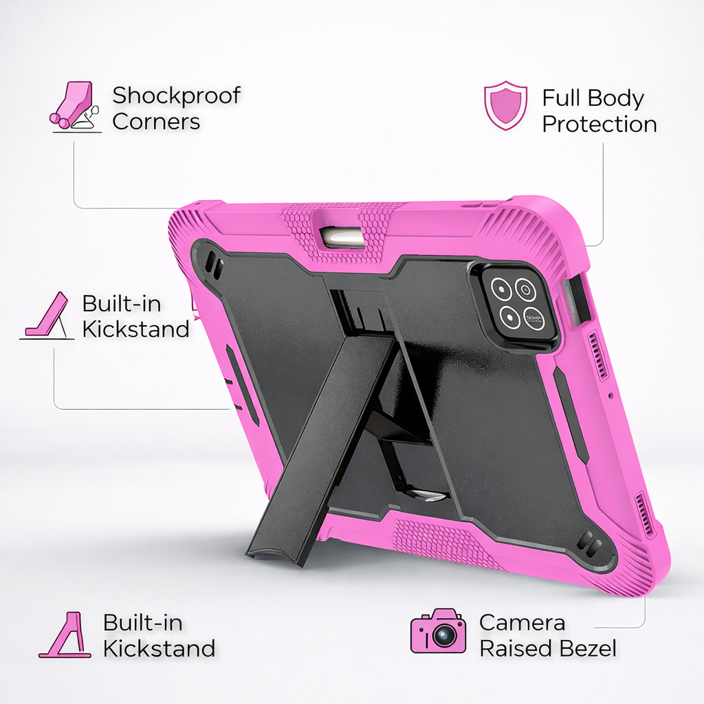 TOZIZO Hot Pink Armor Tablet Case for Xiaomi Poco X1 – Drop-Proof Hybrid Silicone Kickstand Tablet Cover