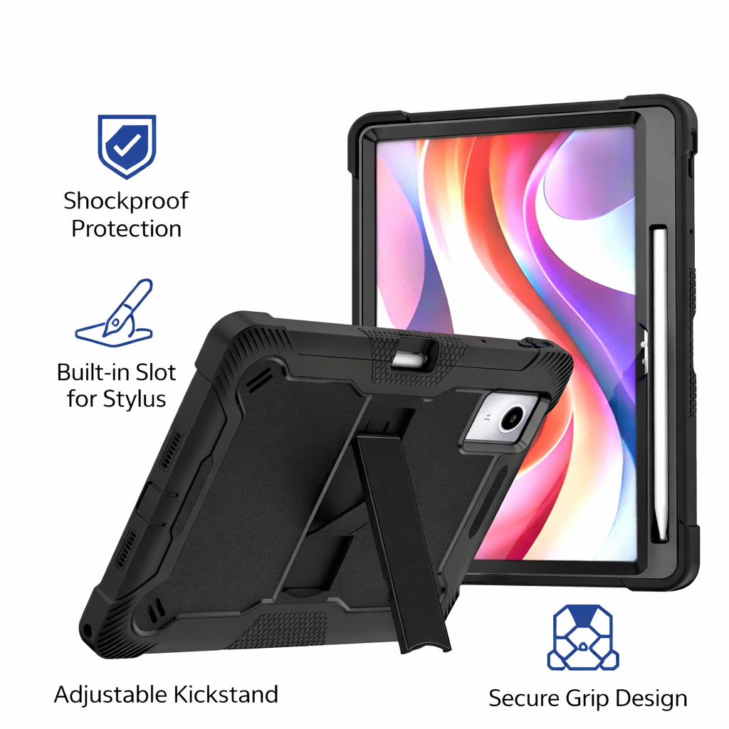 TOZIZO Black Heavy Duty Rugged Tablet Case for Lenovo Tab K12 2025 – Shockproof Full Body Cover with Kickstand