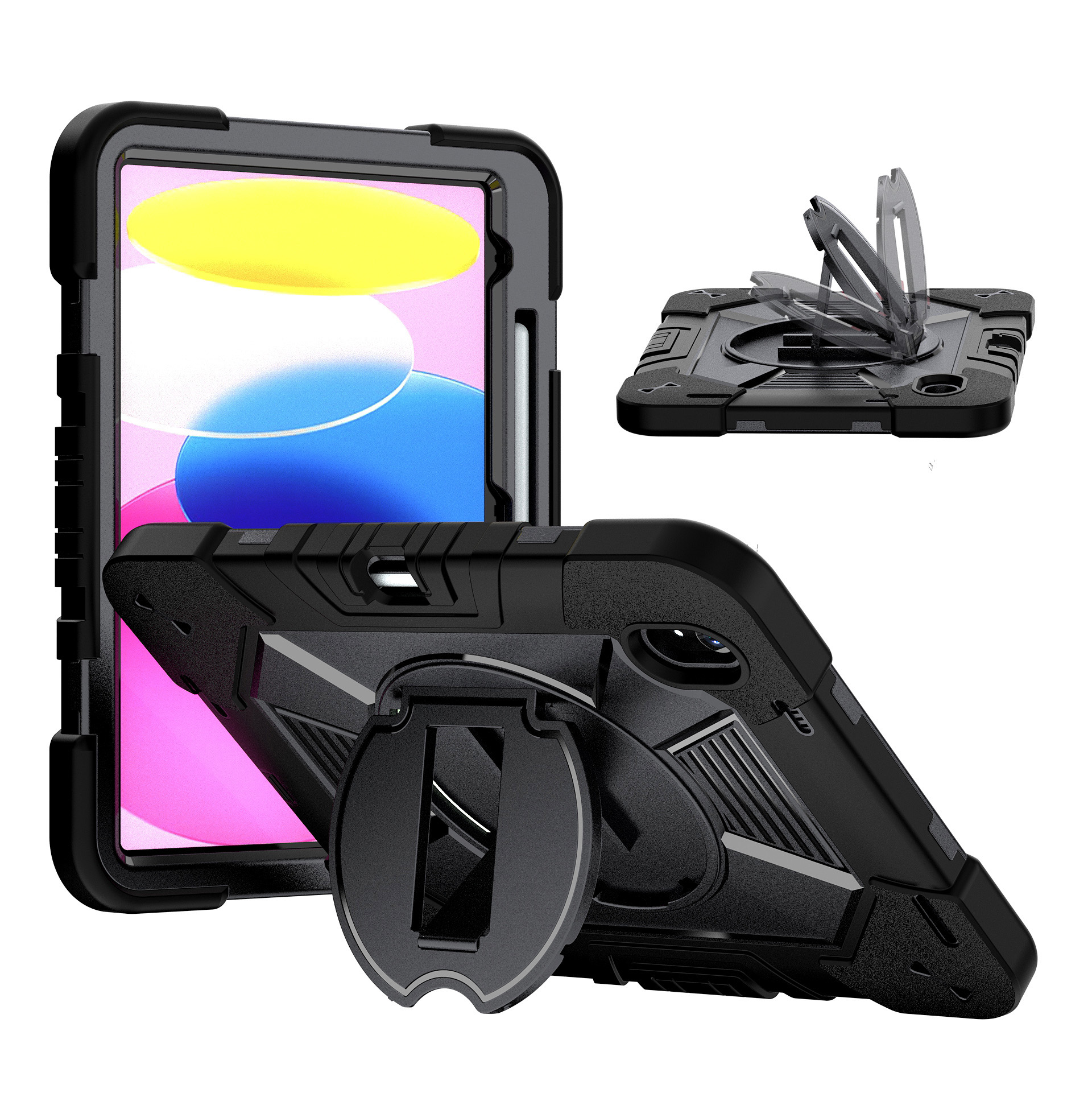 TOZIZO Black Rugged Case for iPad 10th Gen / iPad A16, 3-Layer Silicone PC Armor with Foldable Multi-Angle Stand