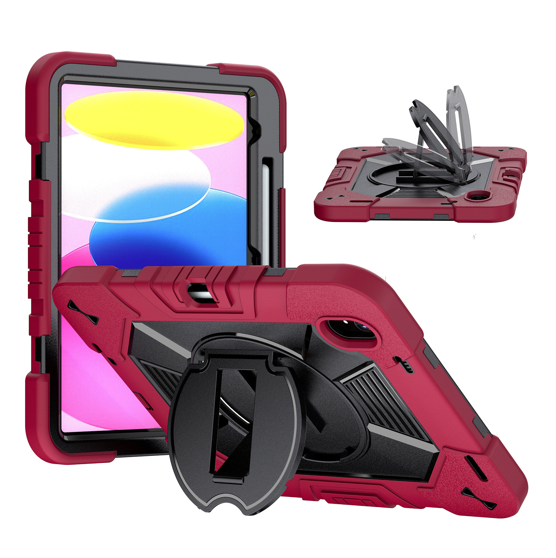 TOZIZO Wine Red Rugged iPad 10th Gen / A16 Case, 3-Layer Hybrid Armor Cover with Multi-Angle Landscape Stand