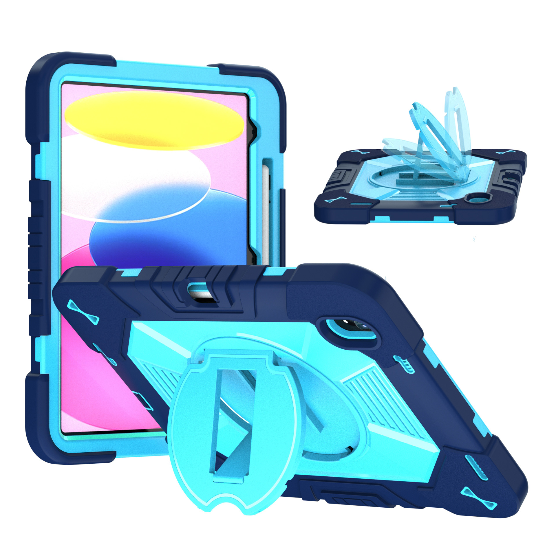 TOZIZO Navy Blue Commercial iPad 10th Gen / A16 Case, Heavy Duty Silicone PC Defender with Landscape Stand
