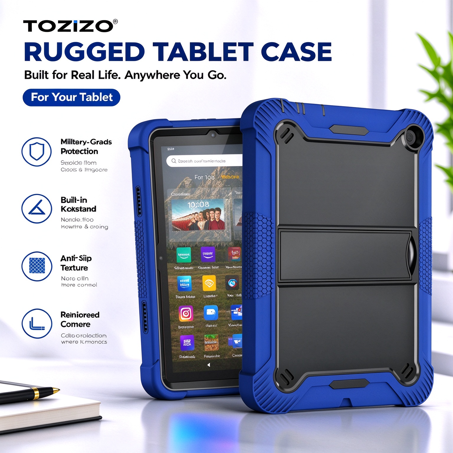TOZIZO Dark Blue Rugged Tablet Cover for Amazon Fire HD 8 (2022) with Multi Angle Stand