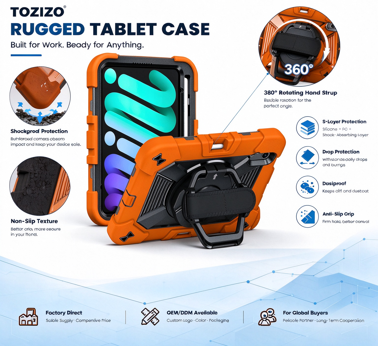 TOZIZO Orange Outdoor-Style Tablet Case with 360° Rotating Stand, Hook Hanging Support, Hand Carry Function and Adjustable Straps for iPad mini 8