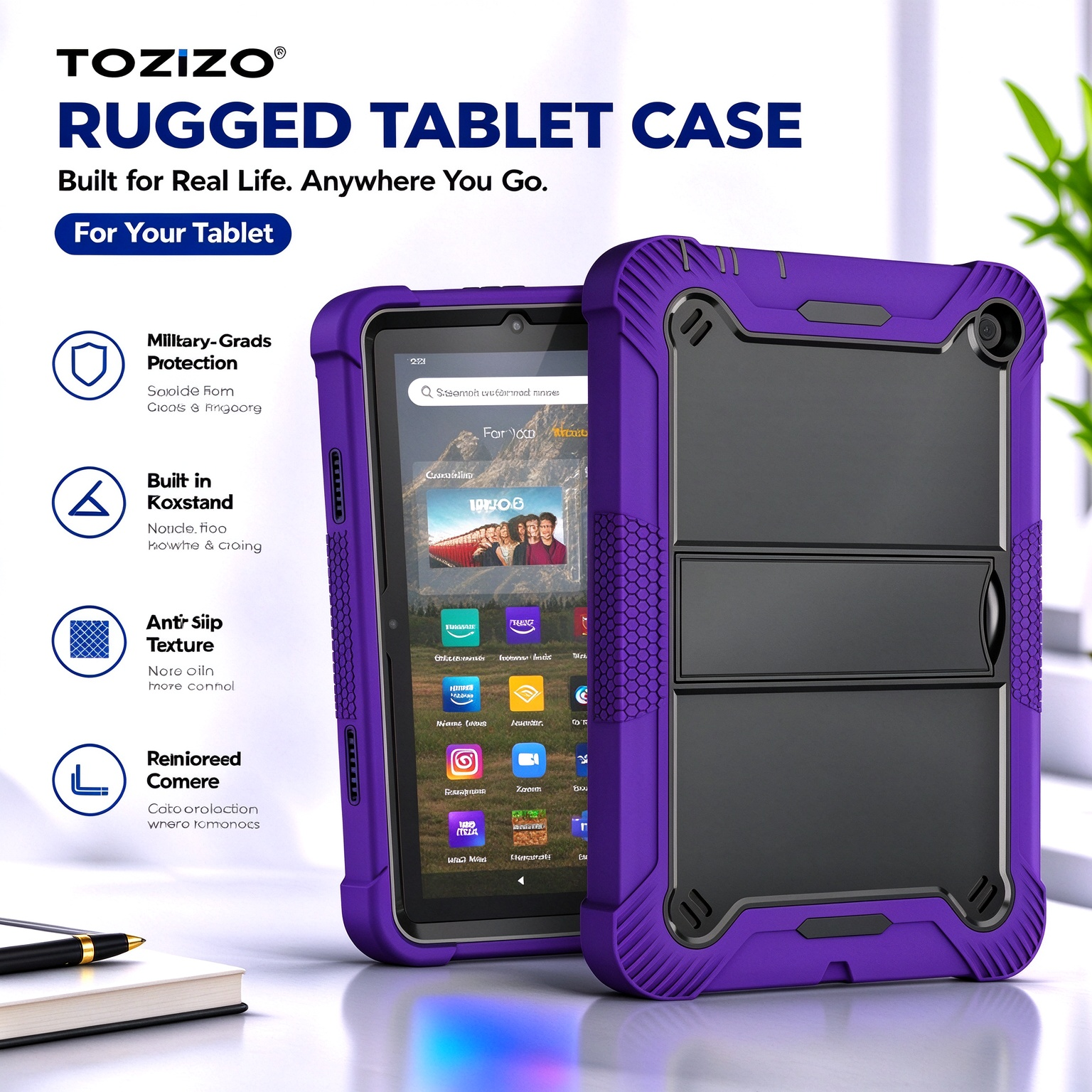 TOZIZO Purple Black Rugged Tablet Cover for Amazon Fire HD 8 (2022) with Foldable Kickstand