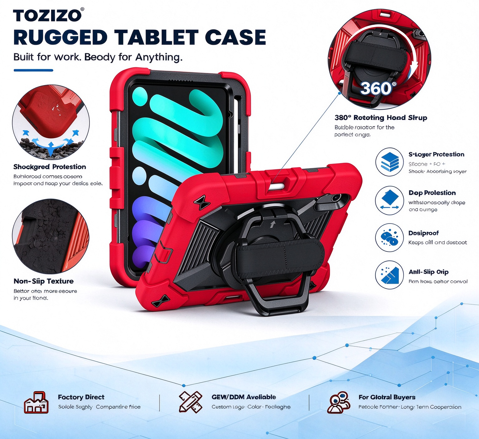 Red Multi-Function Tablet Cover for iPad mini 8 | TOZIZO D-C Case with Rotating Support and Adjustable Carrying Straps for Distributors | www.customtabletcase.com