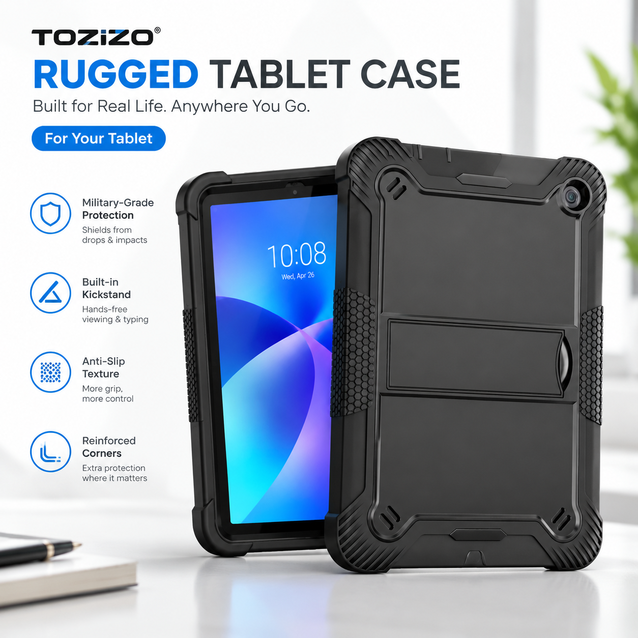 TOZIZO Black Rugged Tablet Case for Amazon Fire HD 8 (2022) with Foldable Kickstand