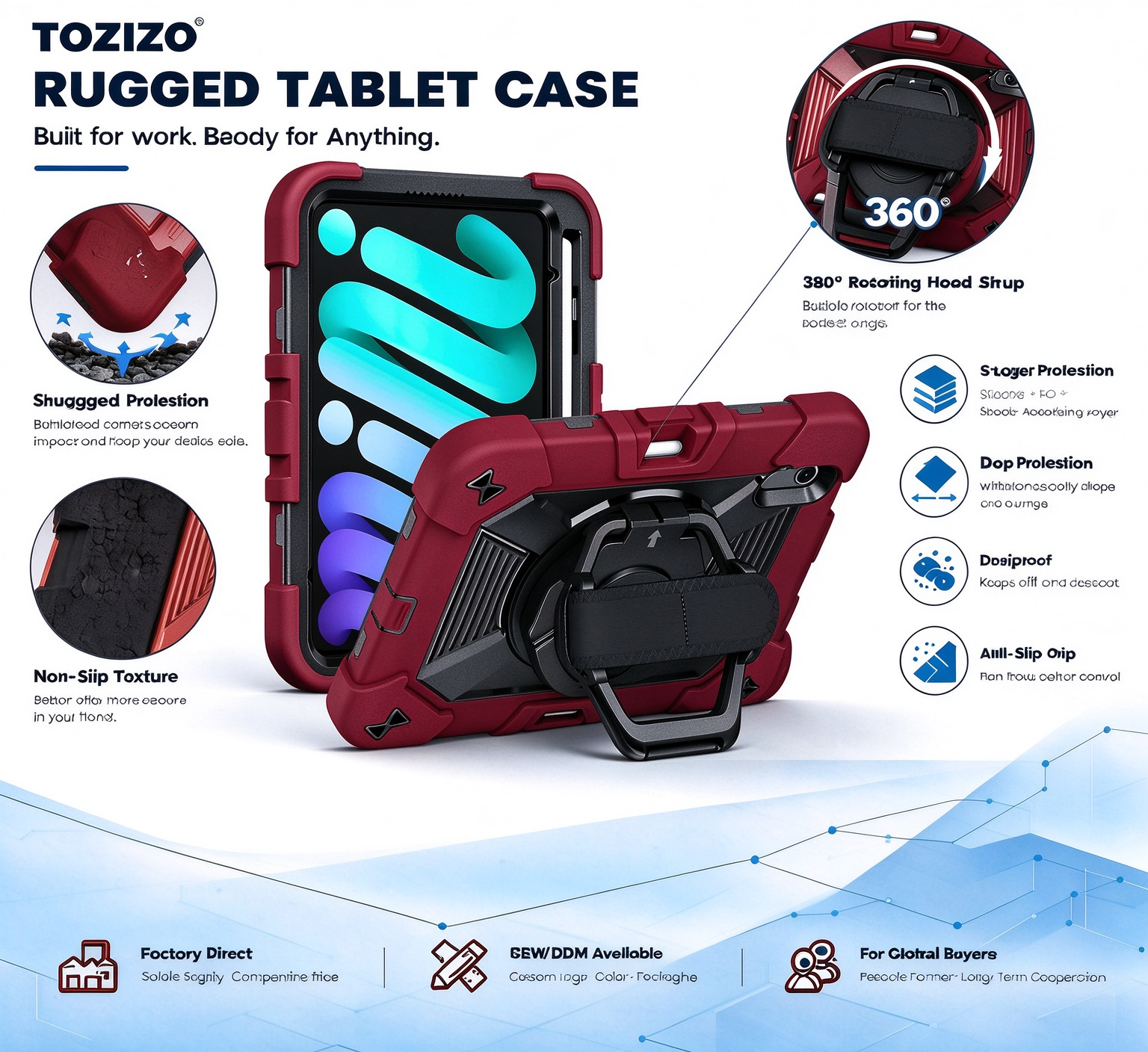 TOZIZO Wine Red Multi-Position Tablet Cover for iPad mini 8, 360° Rotating Hook Hanging Stand, Hand Carry Support and Adjustable Hand and Shoulder Straps