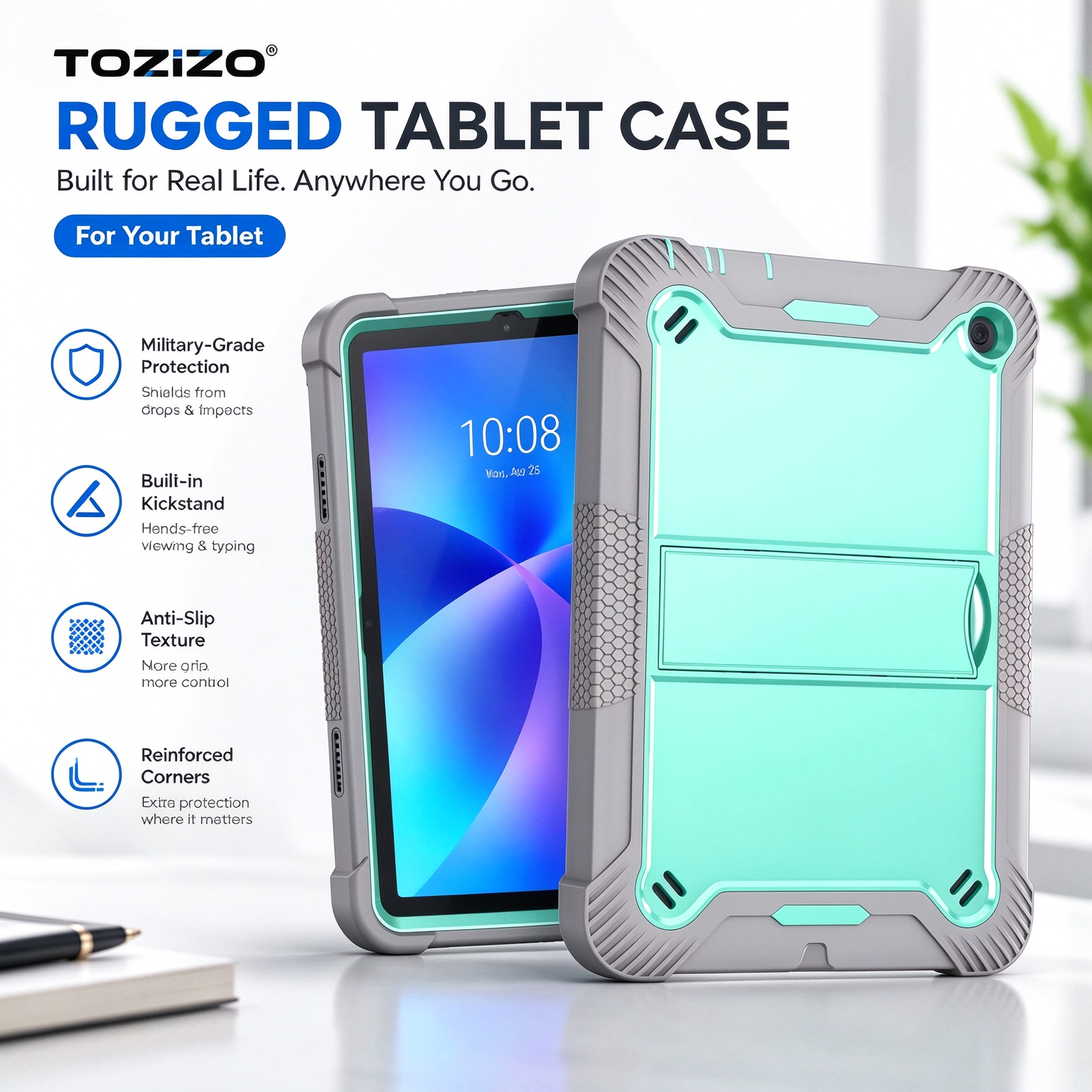 TOZIZO Grey Mint Protective Tablet Case for Amazon Fire HD 8 (2022) with Multi-Angle Stand