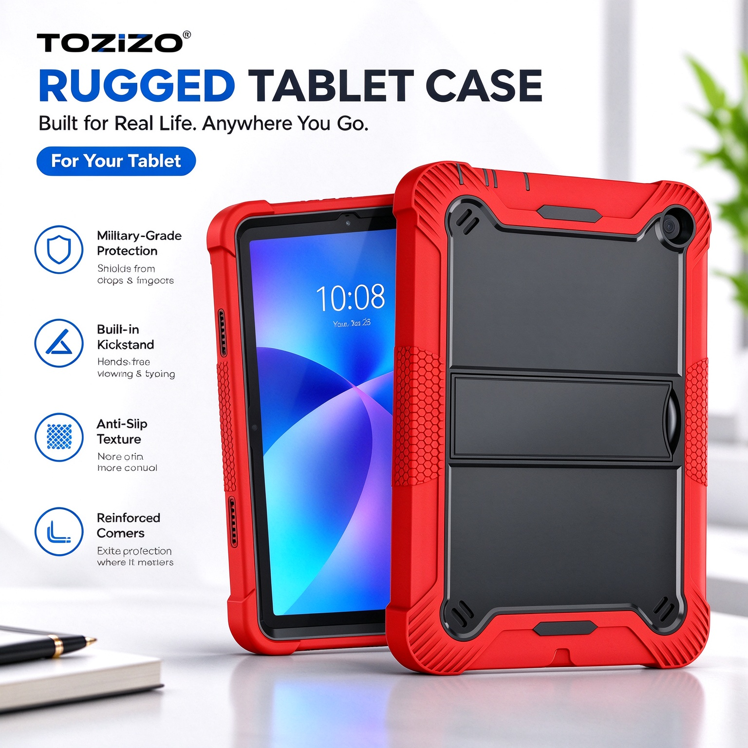 TOZIZO Red Black Protective Tablet Case for Amazon Fire HD 8 (2022) with Foldable Stand
