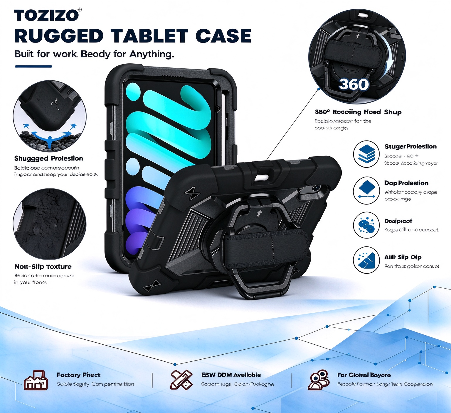 TOZIZO Black 360° Rotating Protective Tablet Case with Hook Hanging Stand, Hand Carry Support and Adjustable Straps for iPad mini 8