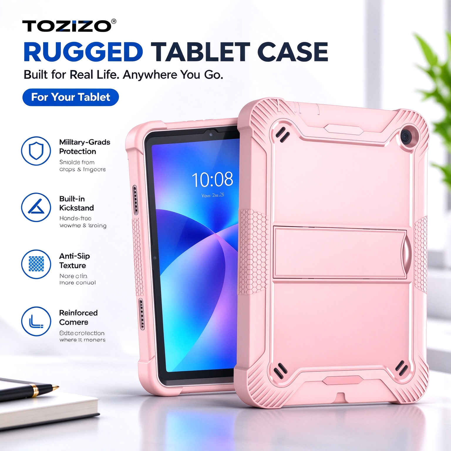 TOZIZO Rose Gold Protective Tablet Case for Amazon Fire HD 8 (2022) with Foldable Kickstand