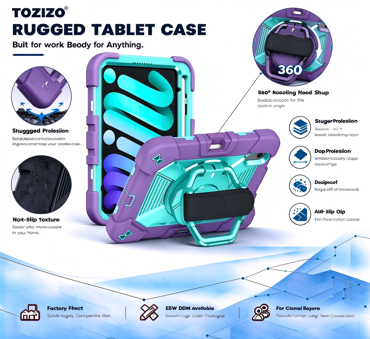 TOZIZO Purple Mint Color-Combination Tablet Case for iPad mini 8, 360° Rotating Stand, Hook Hanging and Hand Carry Support with Adjustable Straps