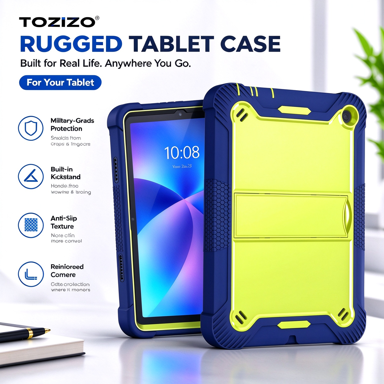 TOZIZO Navy Blue Rugged Protective Case for Amazon Fire HD 8 (2022) with Foldable Stand