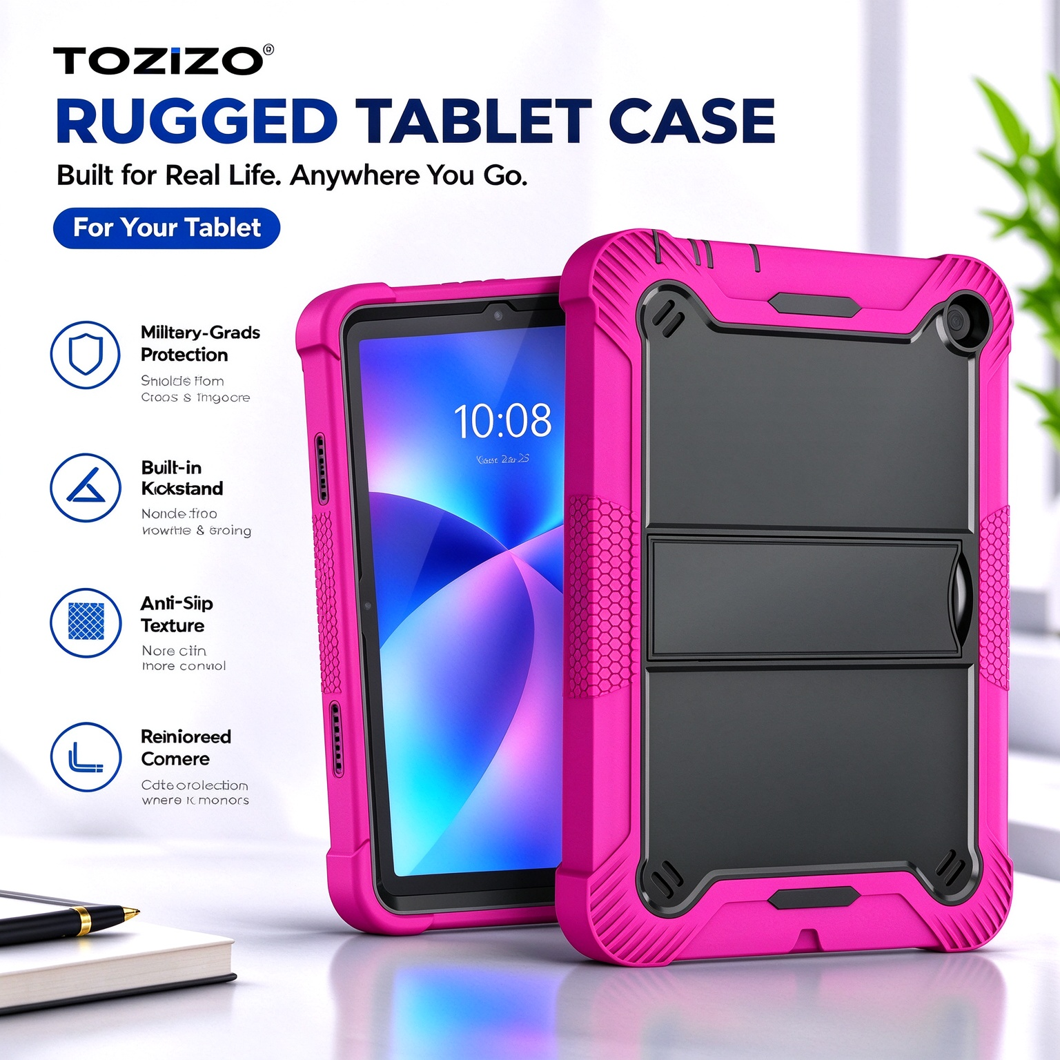 TOZIZO Rose Red Rugged Tablet Case for Amazon Fire HD 8 (2022) with Foldable Stand
