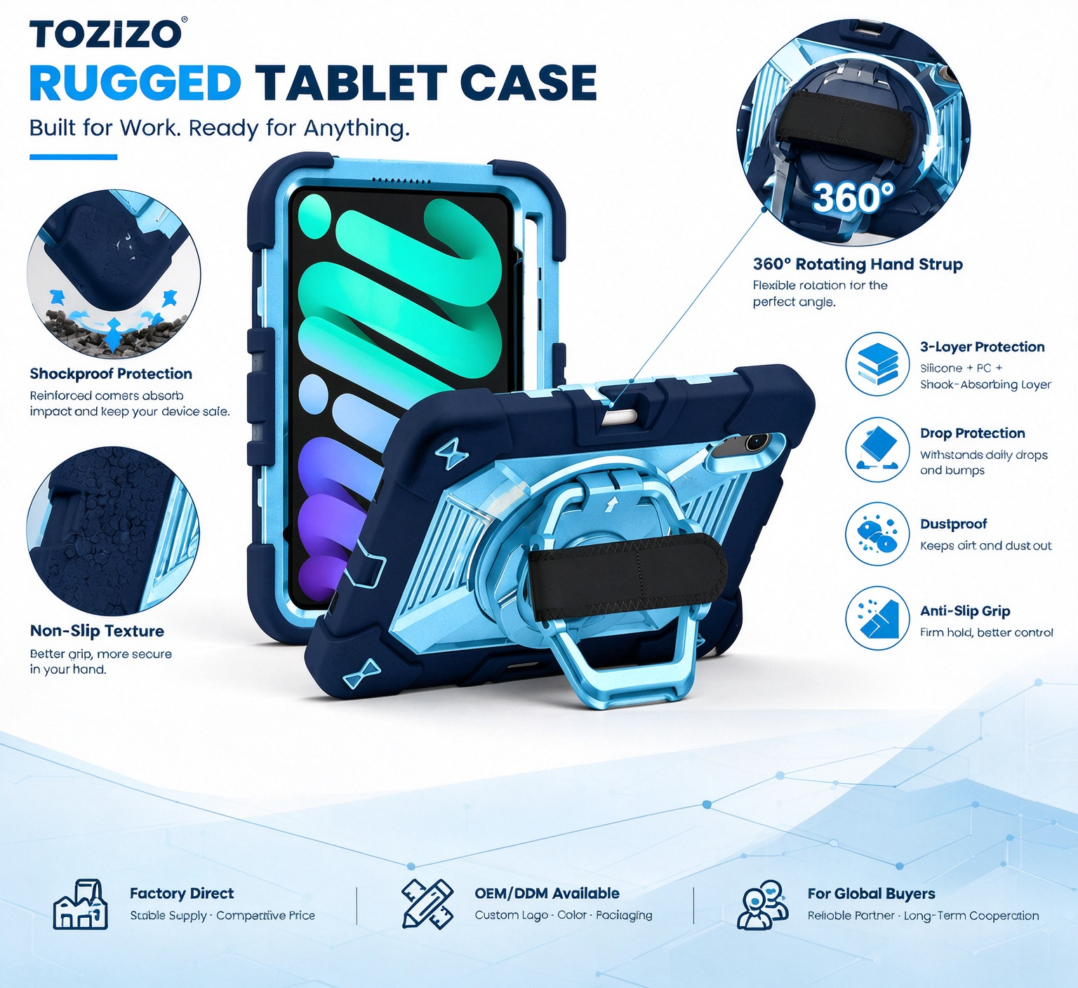 TOZIZO Navy Blue Rugged Tablet Cover for iPad mini 8 with 360° Rotating Stand, Hook Hanging Support, Hand Carry Function and Adjustable Shoulder Strap