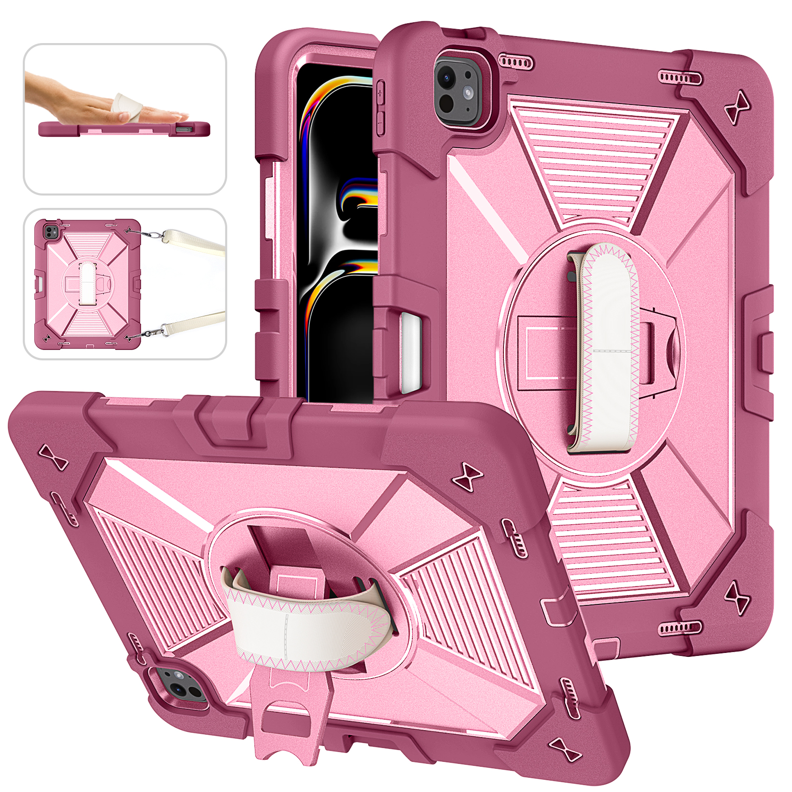 TOZIZO for iPad Pro 13 / Air 13 Rose Red Promotional Rugged Case with 360° Stand & Carry Strap