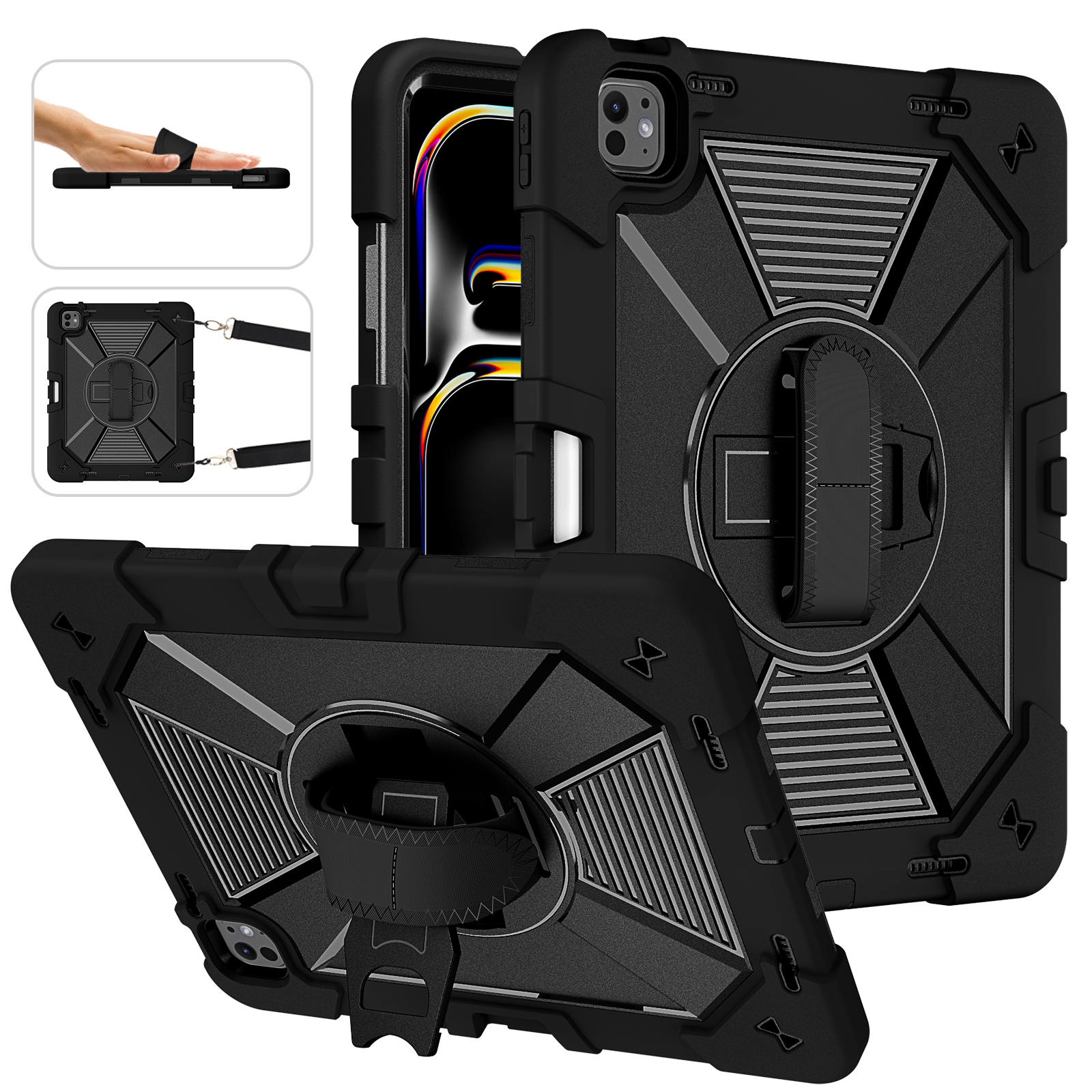 TOZIZO for iPad Pro 13 / Air 13 Black Industrial Rugged Case with 360° Rotating Stand & Shoulder Strap